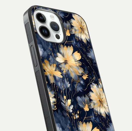 Royal Petal Dream Glass Case for iPhone 14 Pro close-up angled shot highlighting petal texture and reflection depth
