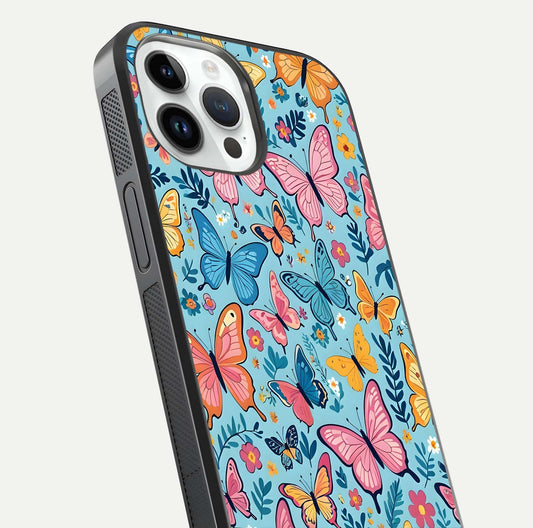 Spring Wing Garden Glass Case for iPhone 14 Pro close-up angled shot highlighting petal details and reflection
