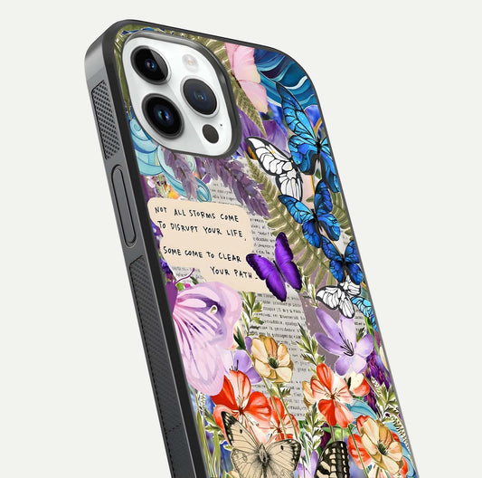 Storm Path Bloom Glass Case for iPhone 14 Pro close-up angled shot highlighting bloom texture and reflection
