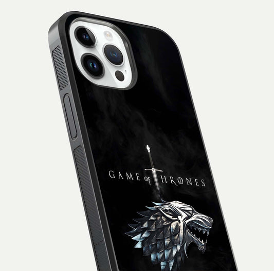 Throne Wolf Legacy Glass Case for iPhone 14 Pro close-up angled shot highlighting fur texture and reflection