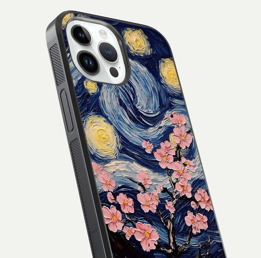 Van Gogh Scenery Glass Case for iPhone 14 Pro close-up angled shot highlighting brushwork texture and color depth