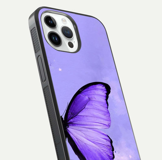 Violet Dream Wing Glass Case for iPhone 14 Pro close-up angled shot highlighting wing texture and reflection