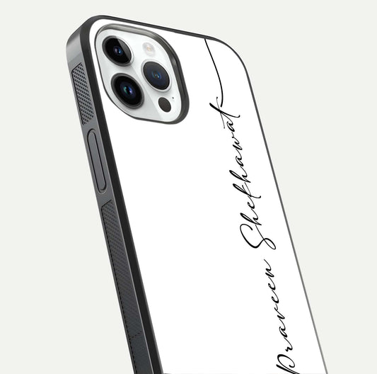 White Tune Custom Name Glass Case for iPhone 14 Pro close-up angled shot highlighting gloss reflection and texture