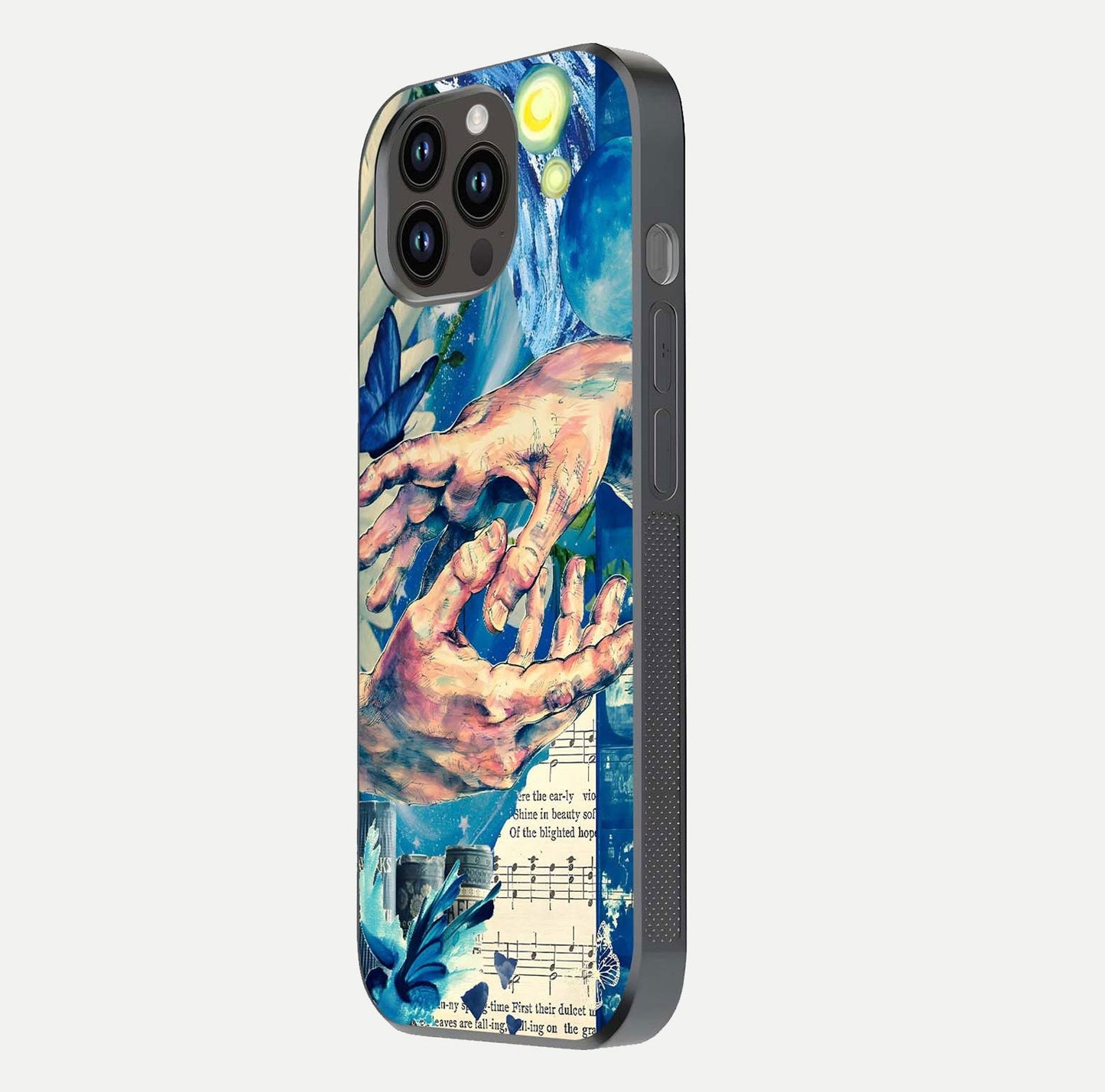 Aesthetic Divider Glass Case for iPhone 16 Pro side-angle image showing divider pattern print, camera module, and glossy finish reflection