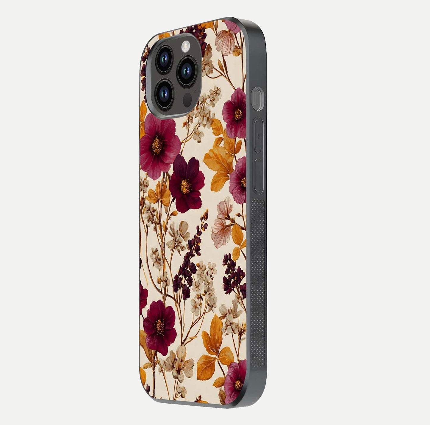 Autumn Wine Bloom Glass Case for iPhone 16 Pro side-angle showcasing floral design, texture gloss, and camera frame