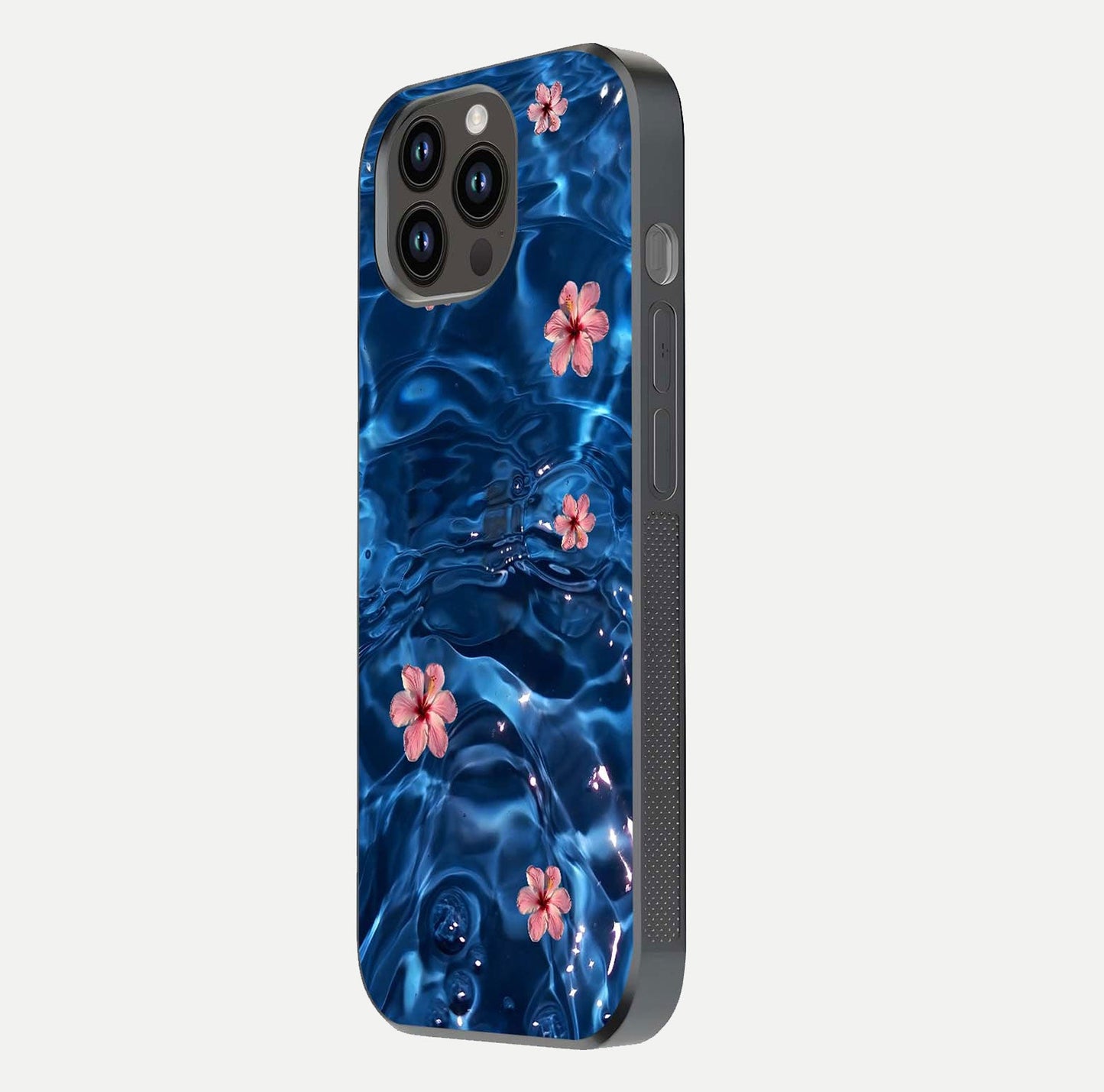 Blooming Water Drift Glass Case for iPhone 14 Pro Max side-angle image showcasing blossom flow, curved corners, and HD glass gloss