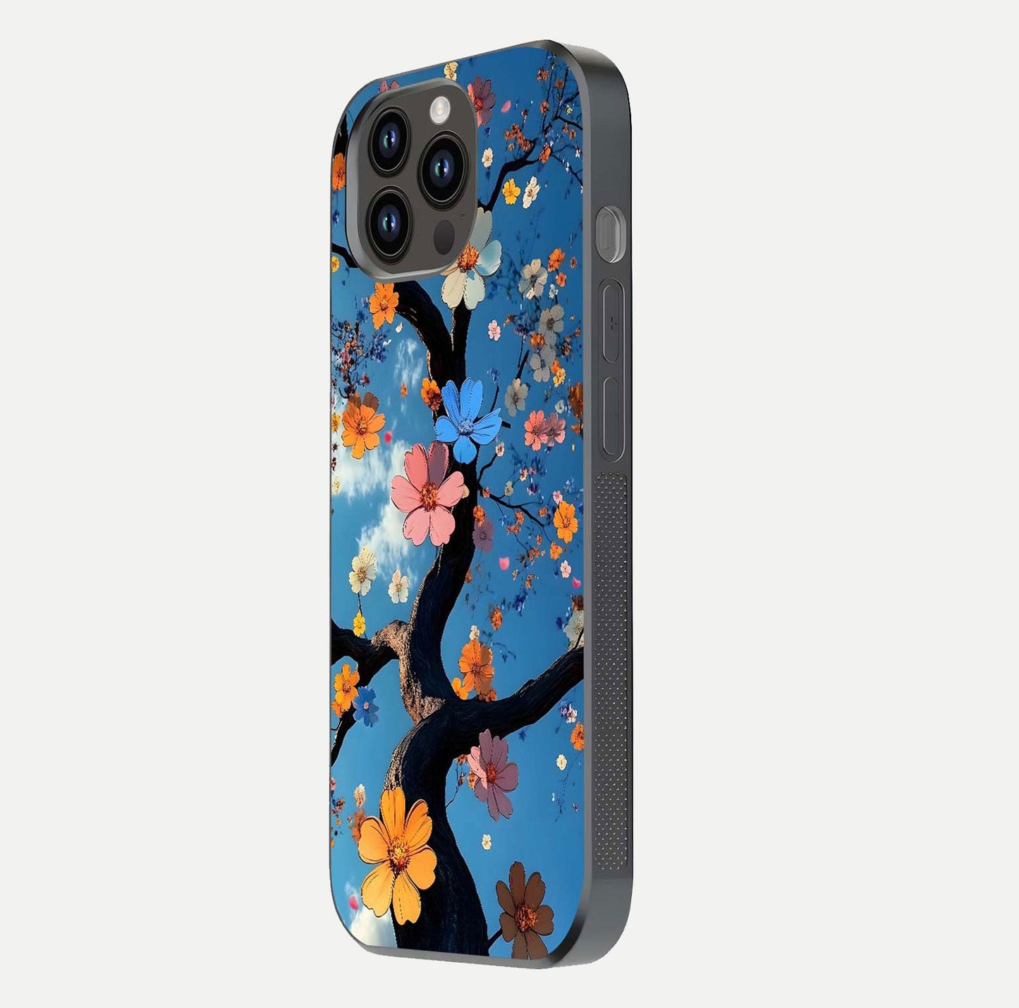 Blossom Dream Sky Glass Case for iPhone 14 Pro Max side-angle photo showing flower details, edge curve, and reflection shine