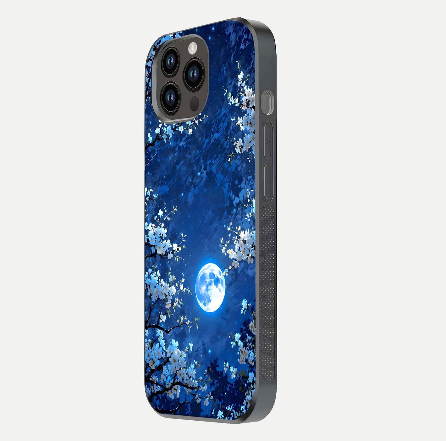 Blossom Moonlight Sky Glass Case for iPhone 16 Pro side-angle view emphasizing moonlight tones and protective edge