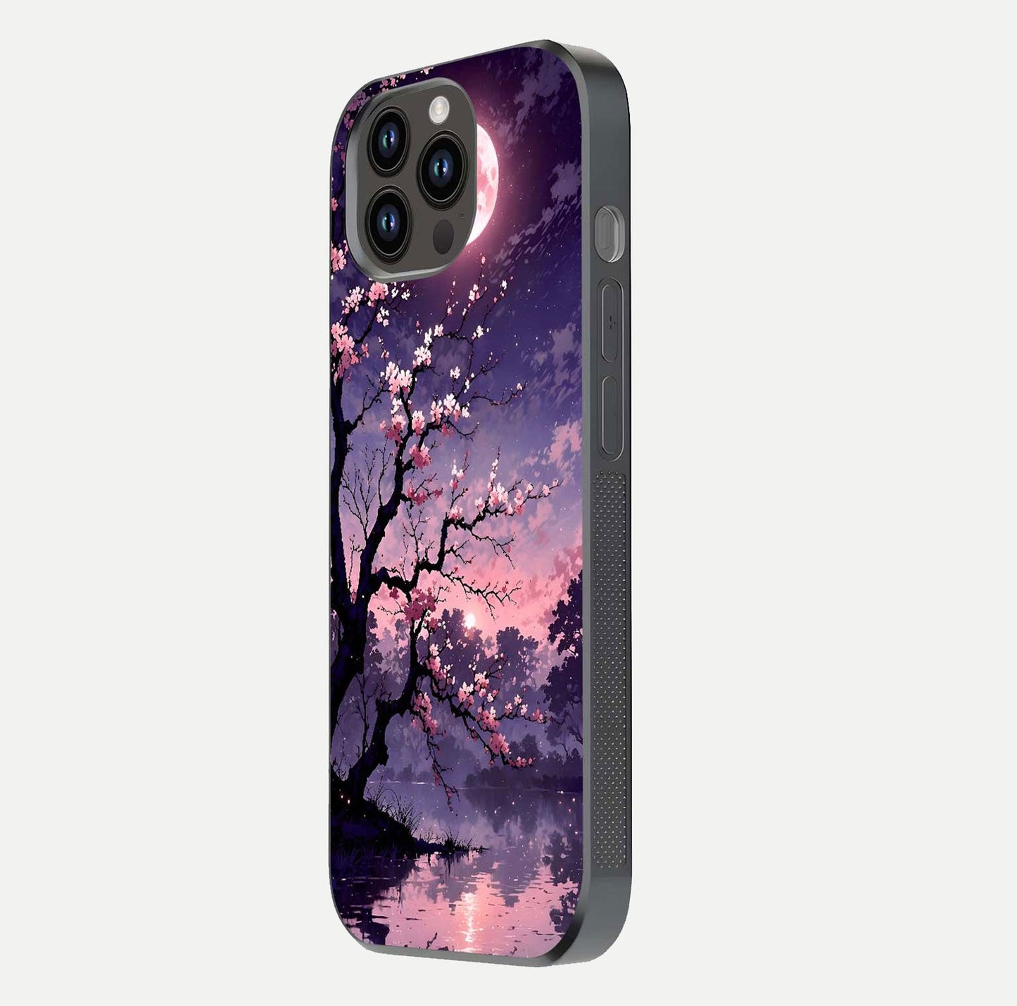 Blossom Pink Moon Glass Case for iPhone 16 Pro side-angle image showing glossy curve and floral-moon balance