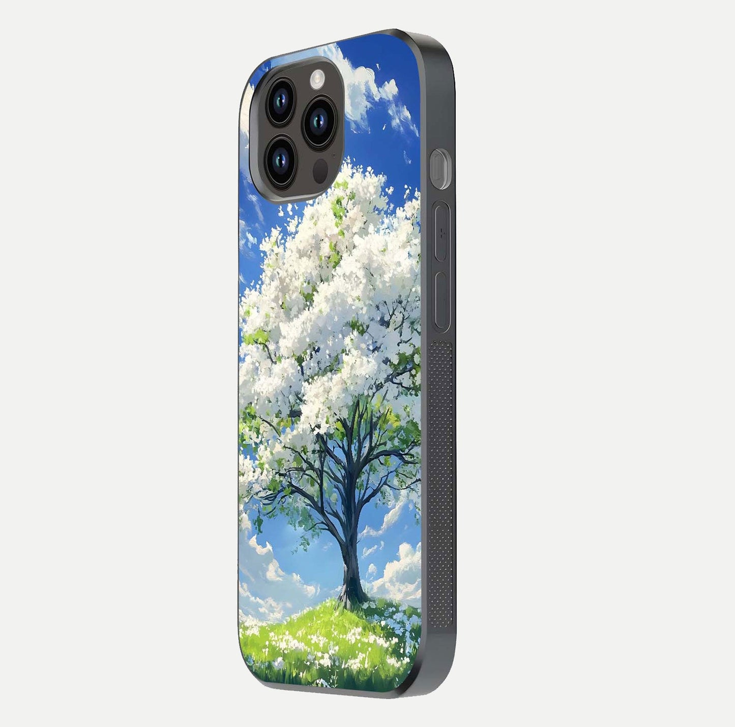 Blossom Sky Serenity Glass Case for iPhone 14 Pro Max side-angle image showing elegant edge flow and light reflection