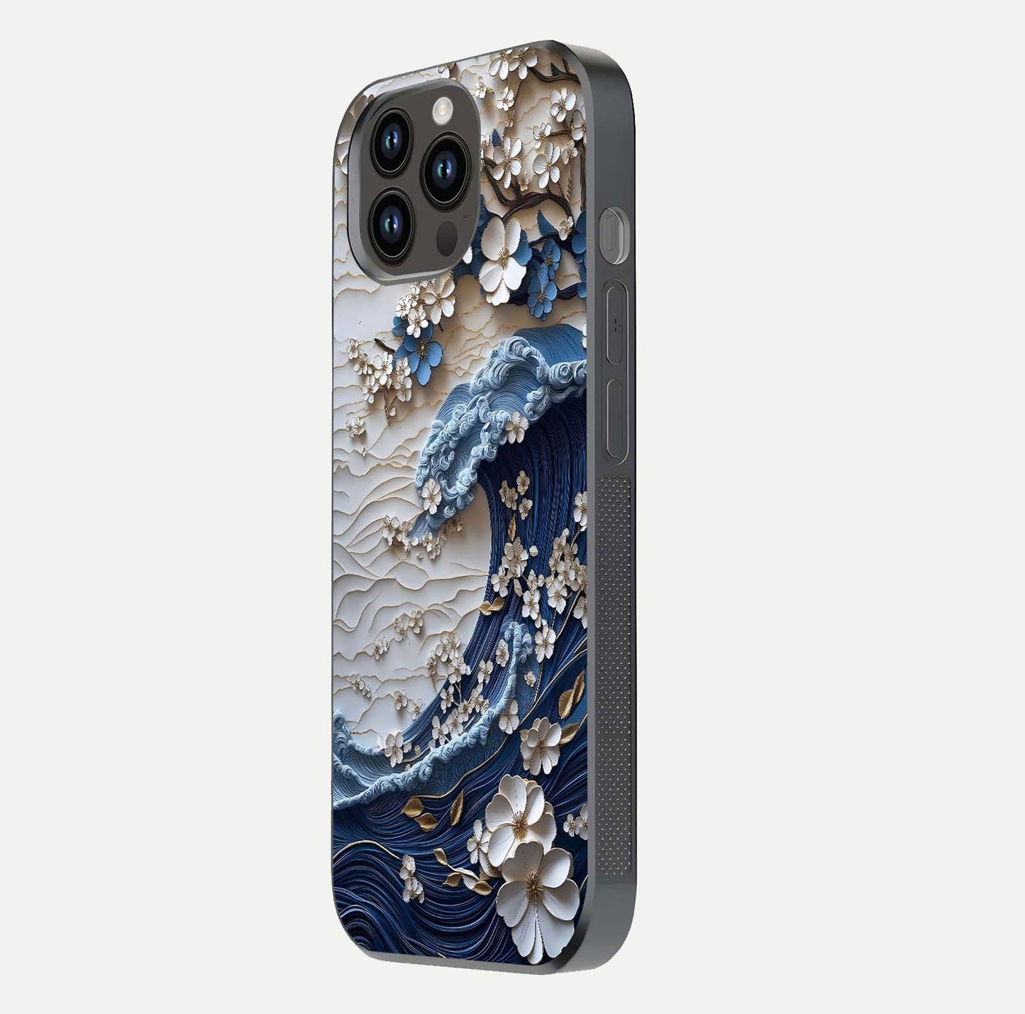 Blossom Wave Art Glass Case for iPhone 14 Pro Max side-angle view showing wave-flow print and gloss edge finish