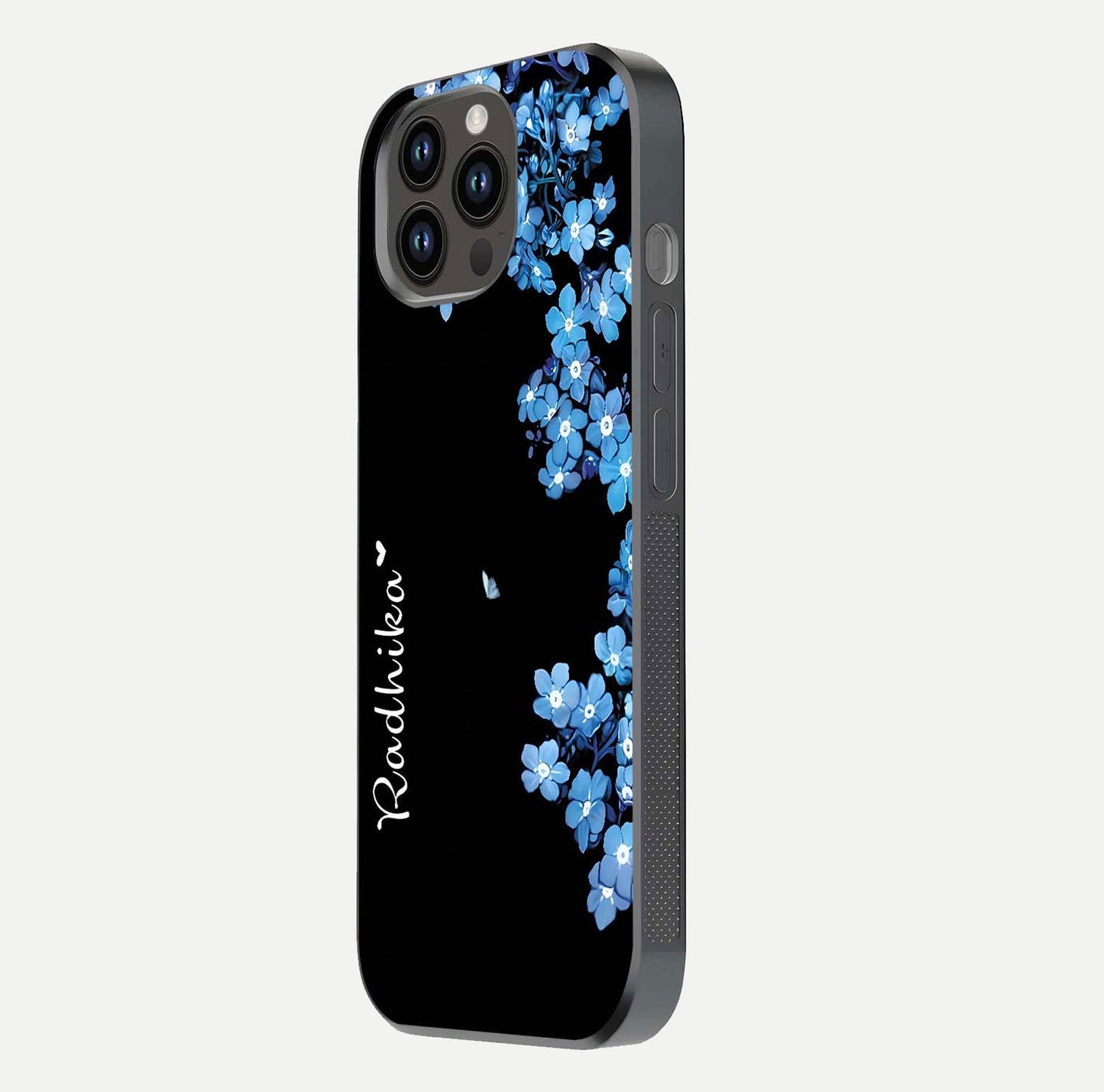 Blue Petal Dream Custom Name Glass Case for iPhone 14 Pro Max side-angle image showing name print clarity and smooth gloss