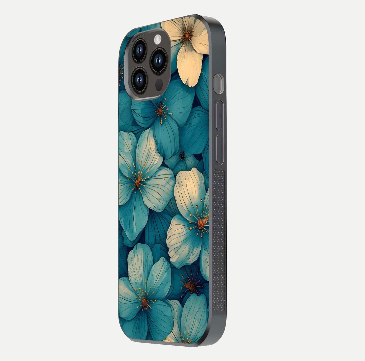 Blue Shade Floral Glass Case for iPhone 14 Pro Max side-angle photo showing detailed floral hues and curved glass shine