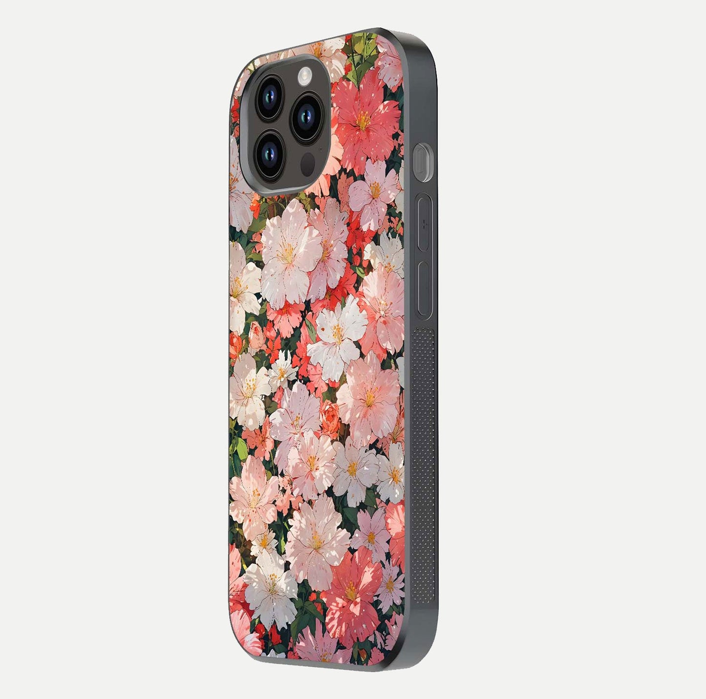 Blush Bloom Field Glass Case for iPhone 14 Pro Max side-angle image showing petal pattern gloss and smooth edges