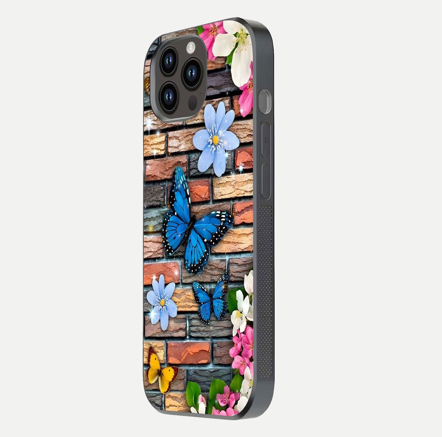 Brick Bloom Flight Glass Case for iPhone 14 Pro Max side-angle photo showing curve shine and detailed petal contrast