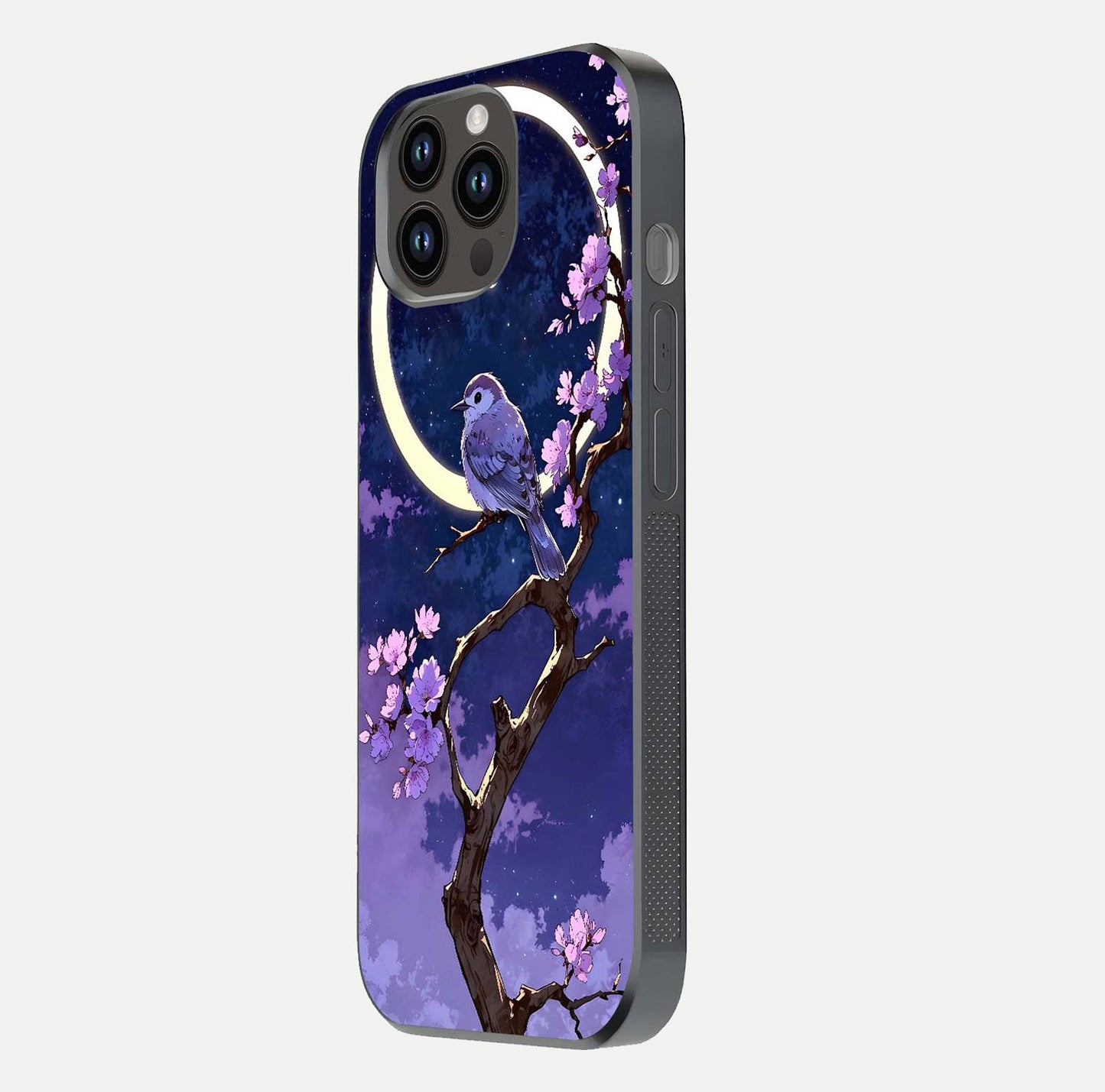 Celestial Bird Blossom Glass Case for iPhone 14 Pro Max side-angle image showing detailed wings and glossy polish