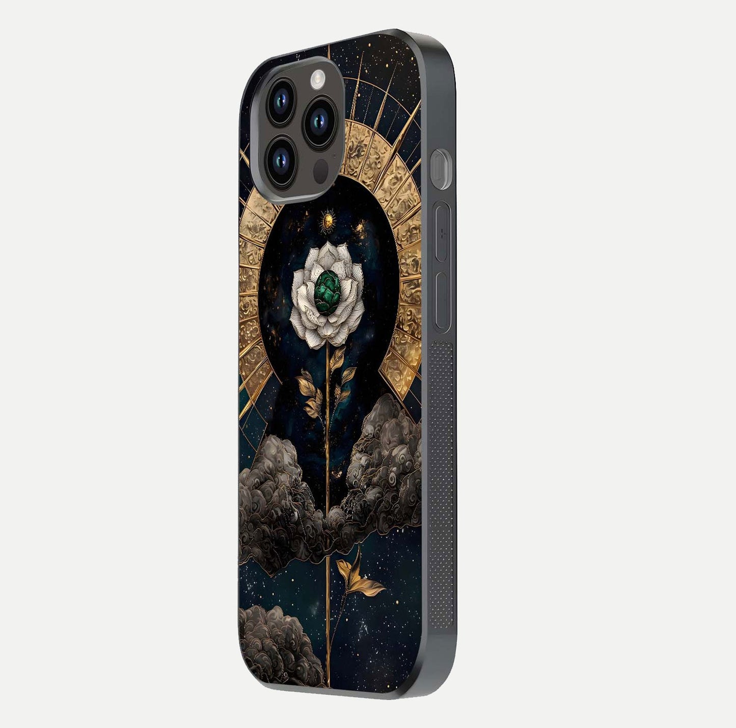 Celestial Lotus Morang Glass Case for iPhone 14 Pro Max side-angle image capturing shine and smooth curvature