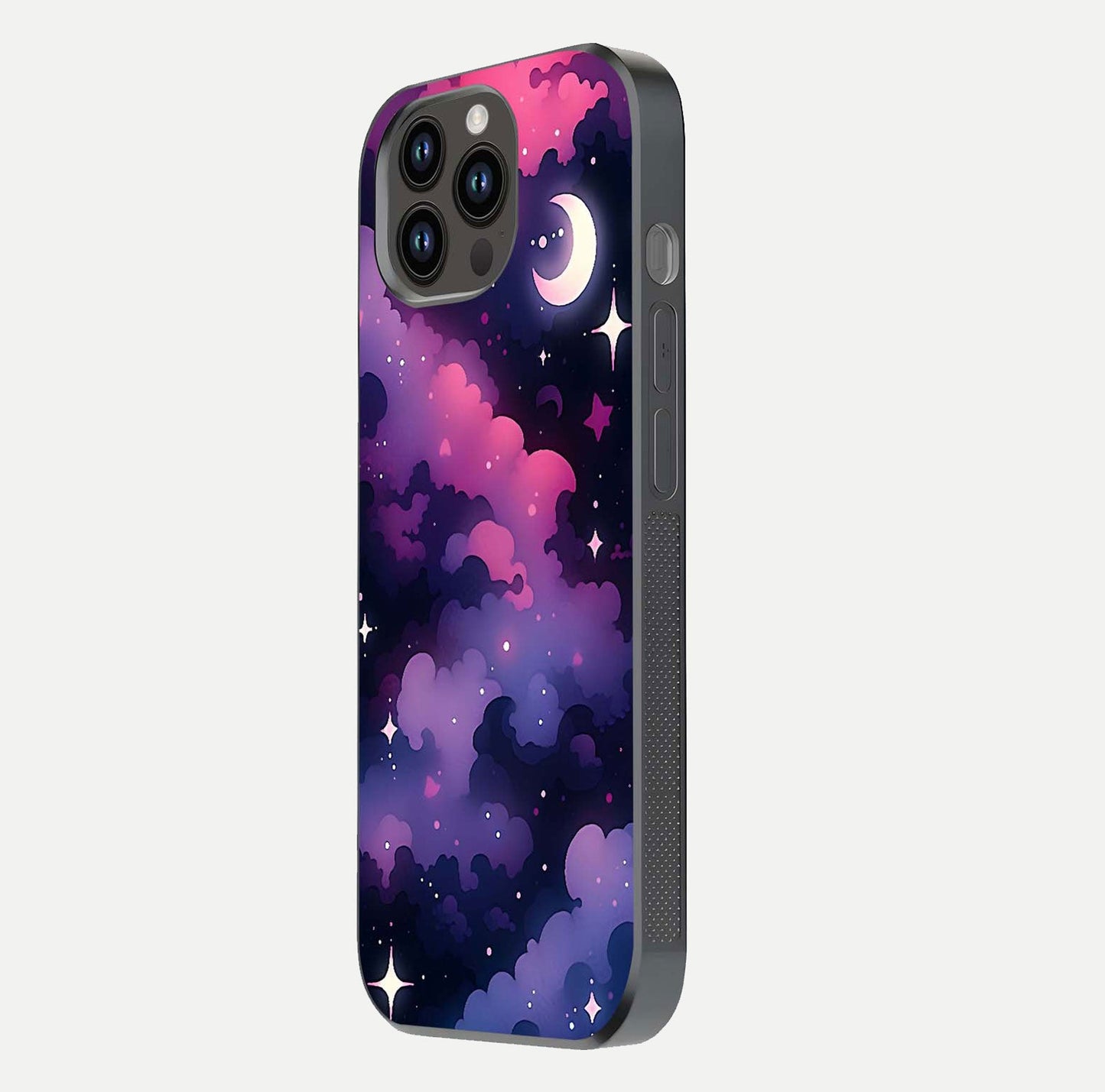 Celestial Moon Magic Glass Case for iPhone 14 Pro Max side-angle shot capturing soft reflection and curved gloss