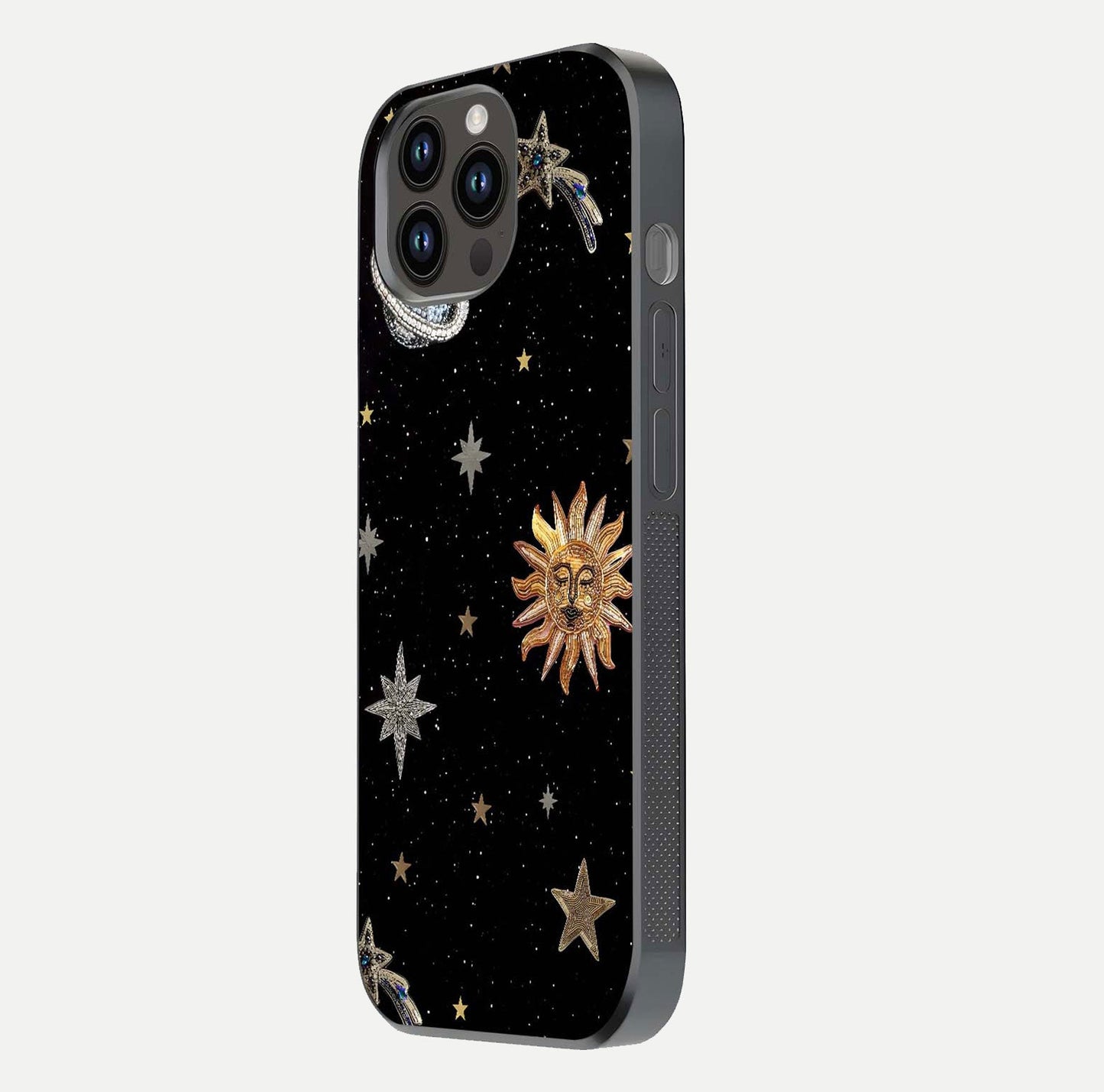 Celestial Moon With Stars Glass Case for iPhone 14 Pro Max side-angle view showing curved edges and shimmer glow