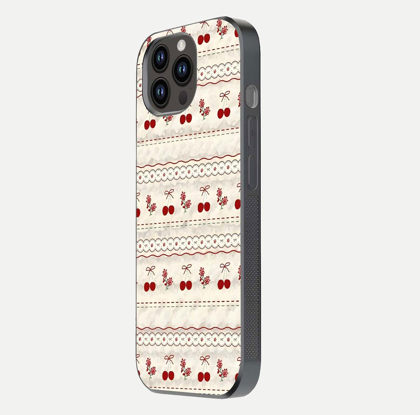 Cherry Bloom Charm Glass Case for iPhone 14 Pro Max side-angle photo showing flower detail and edge light
