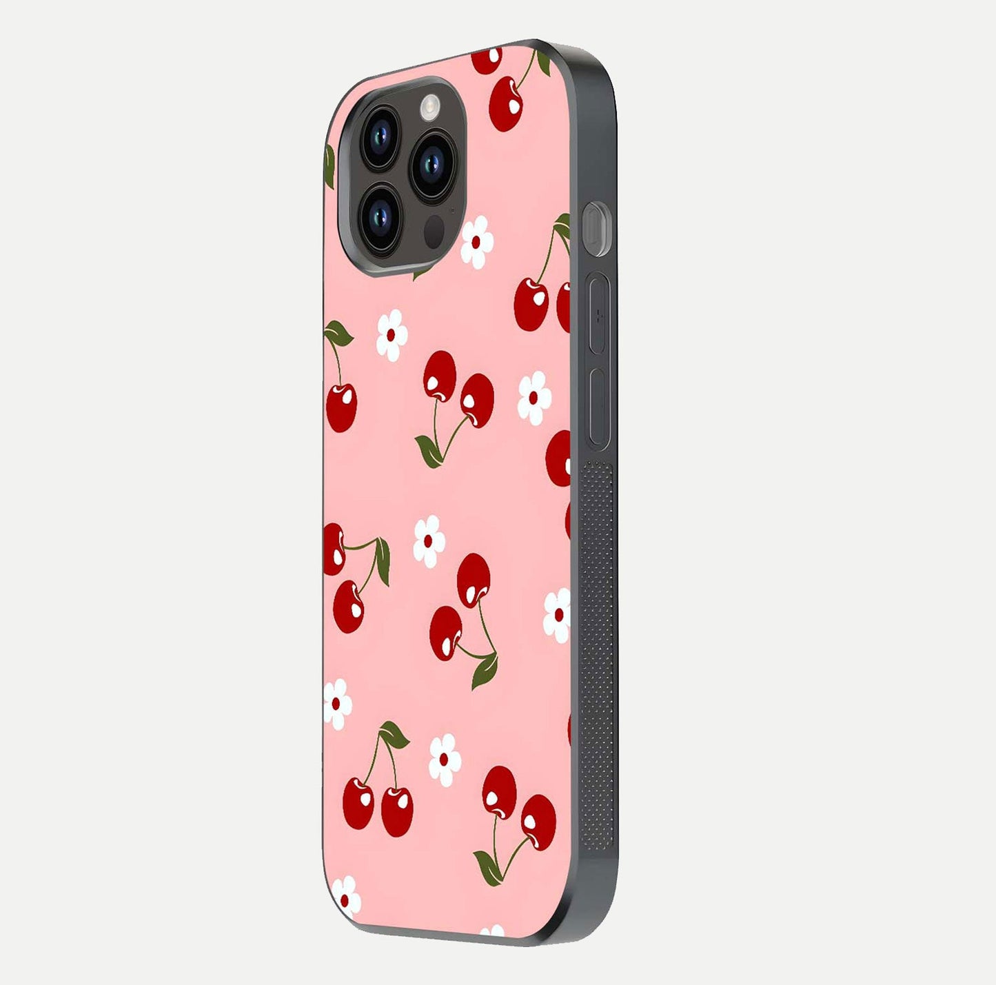 Cherry Love Mood Glass Case for iPhone 14 Pro Max side-angle image capturing smooth gloss and delicate details