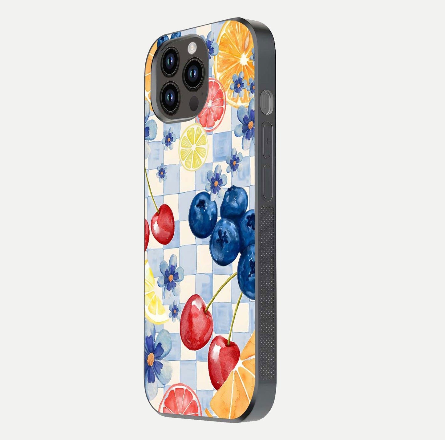 Citrus Bloom Joy Glass Case for iPhone 14 Pro Max side-angle photo capturing bright color and glass reflection