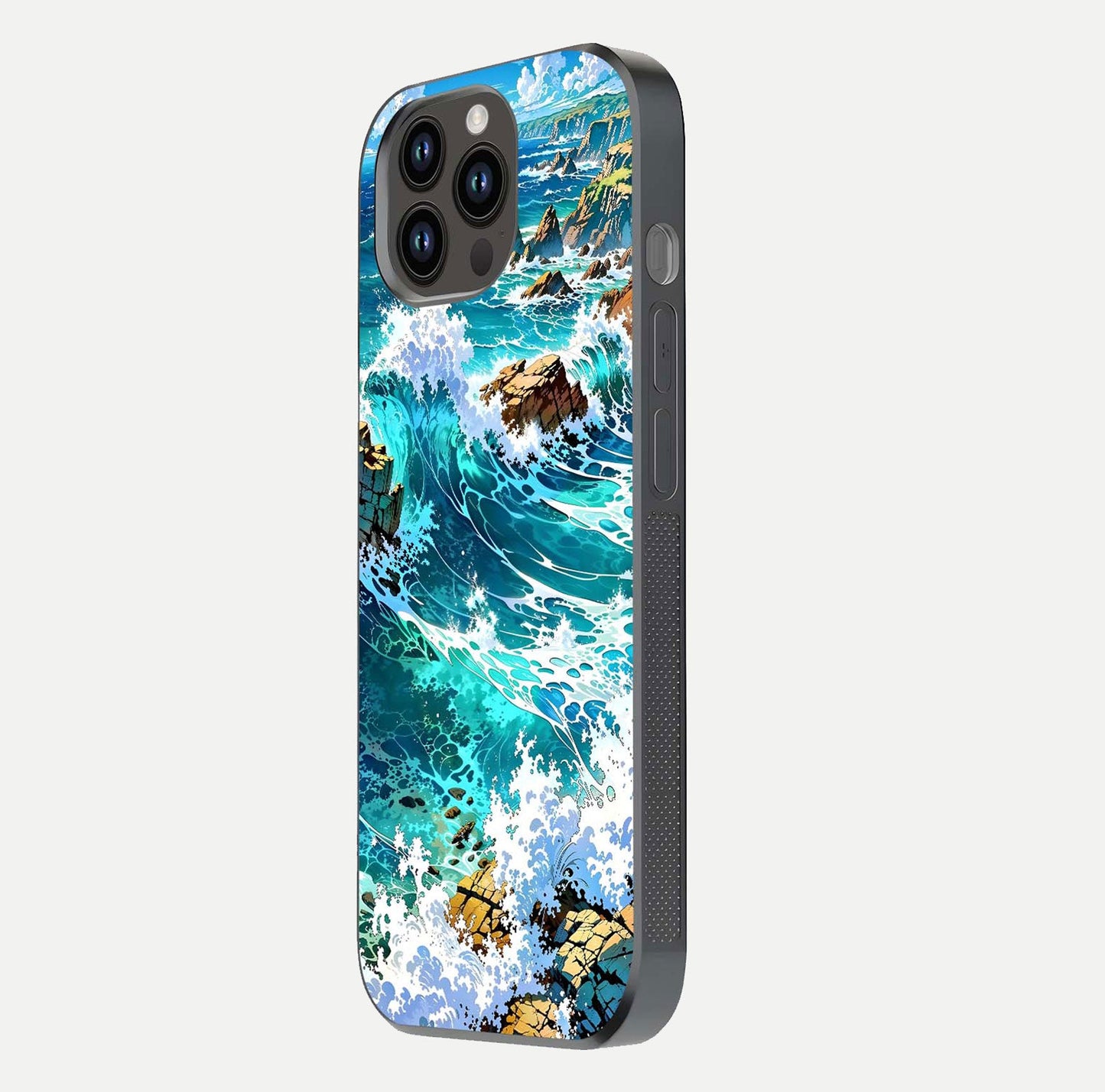 Coastal Blue Waves Glass Case for iPhone 14 Pro Max side-angle photo showing gloss texture and color depth