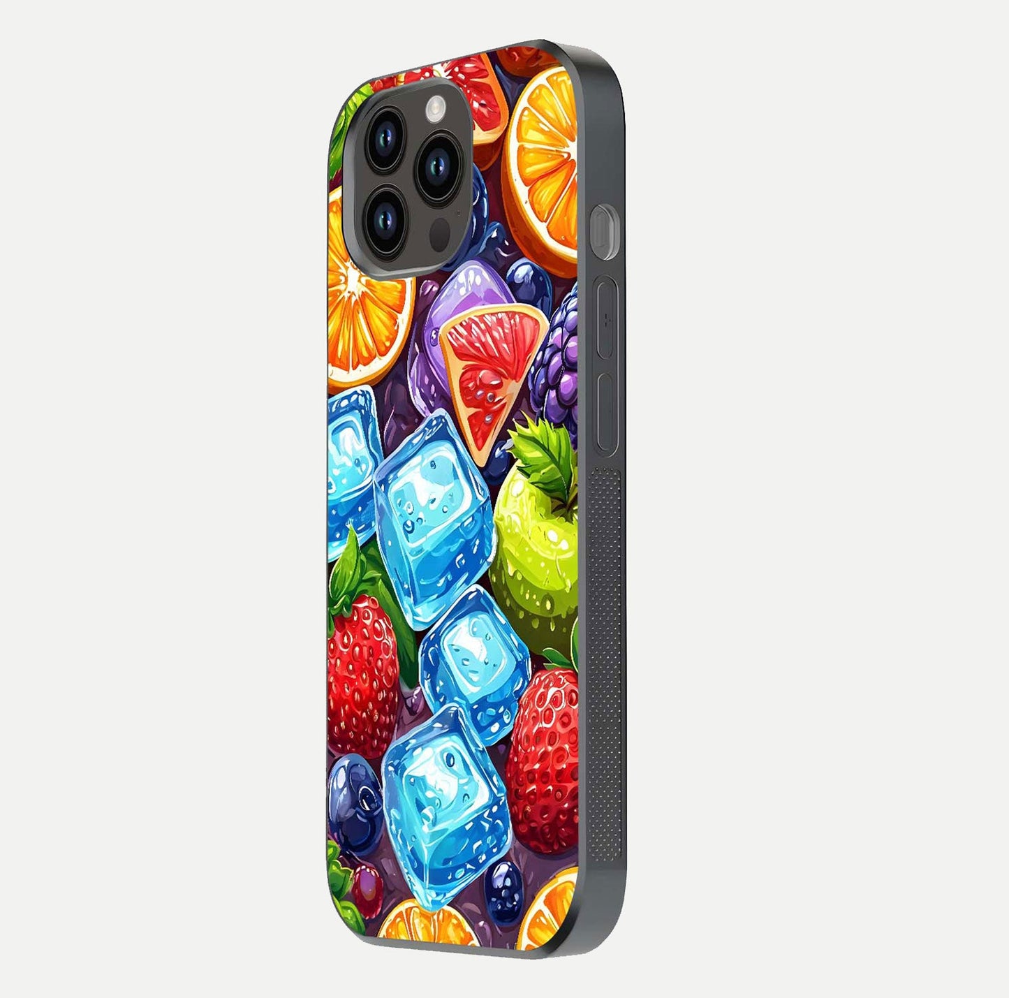 Colorful Fruits with Ice Glass Case for iPhone 14 Pro Max side-angle photo showing curve gloss and vivid tones