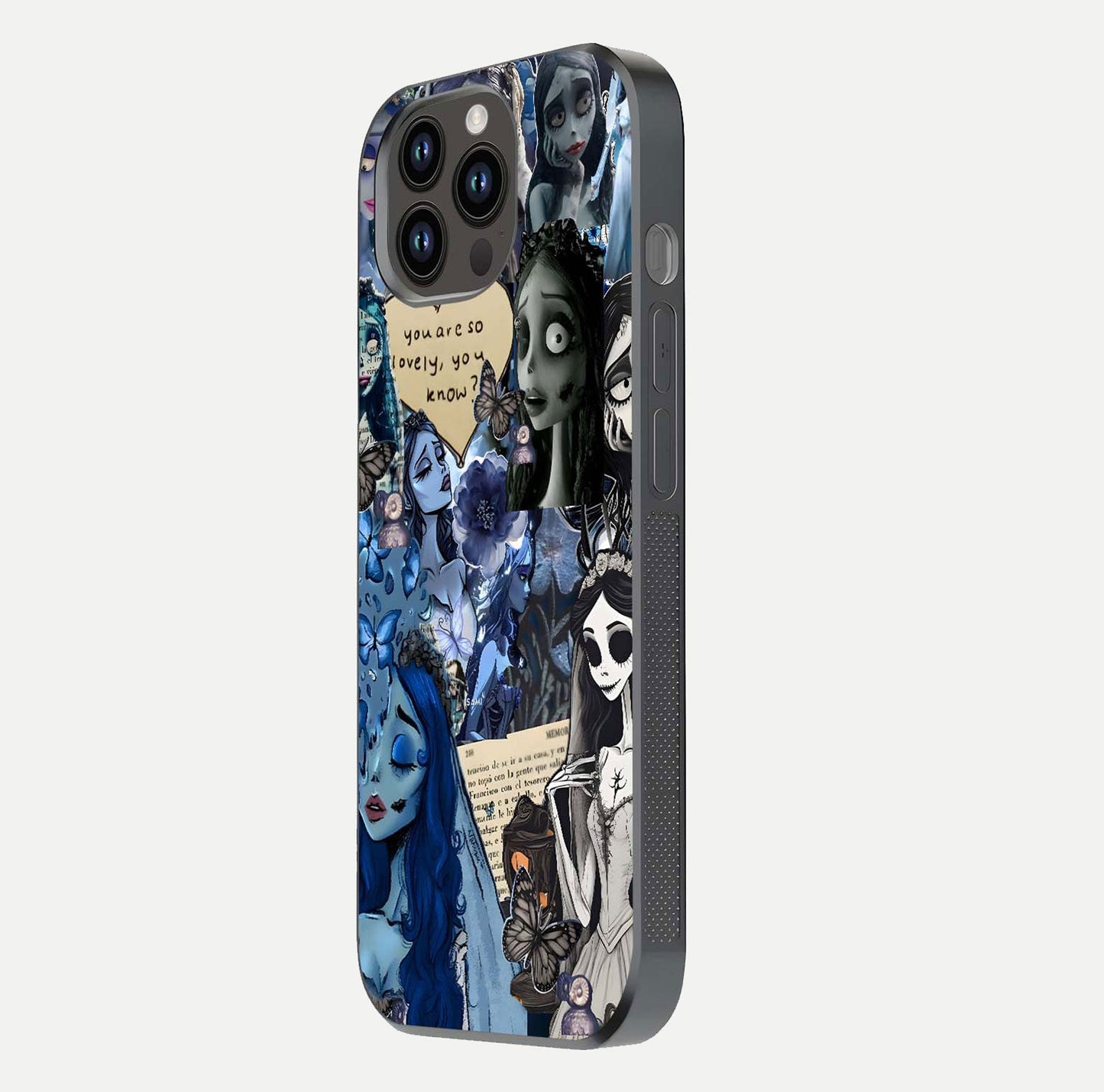 Corpse Bride Posters Glass Case for iPhone 14 Pro Max side-angle image capturing gloss reflection and smooth edge