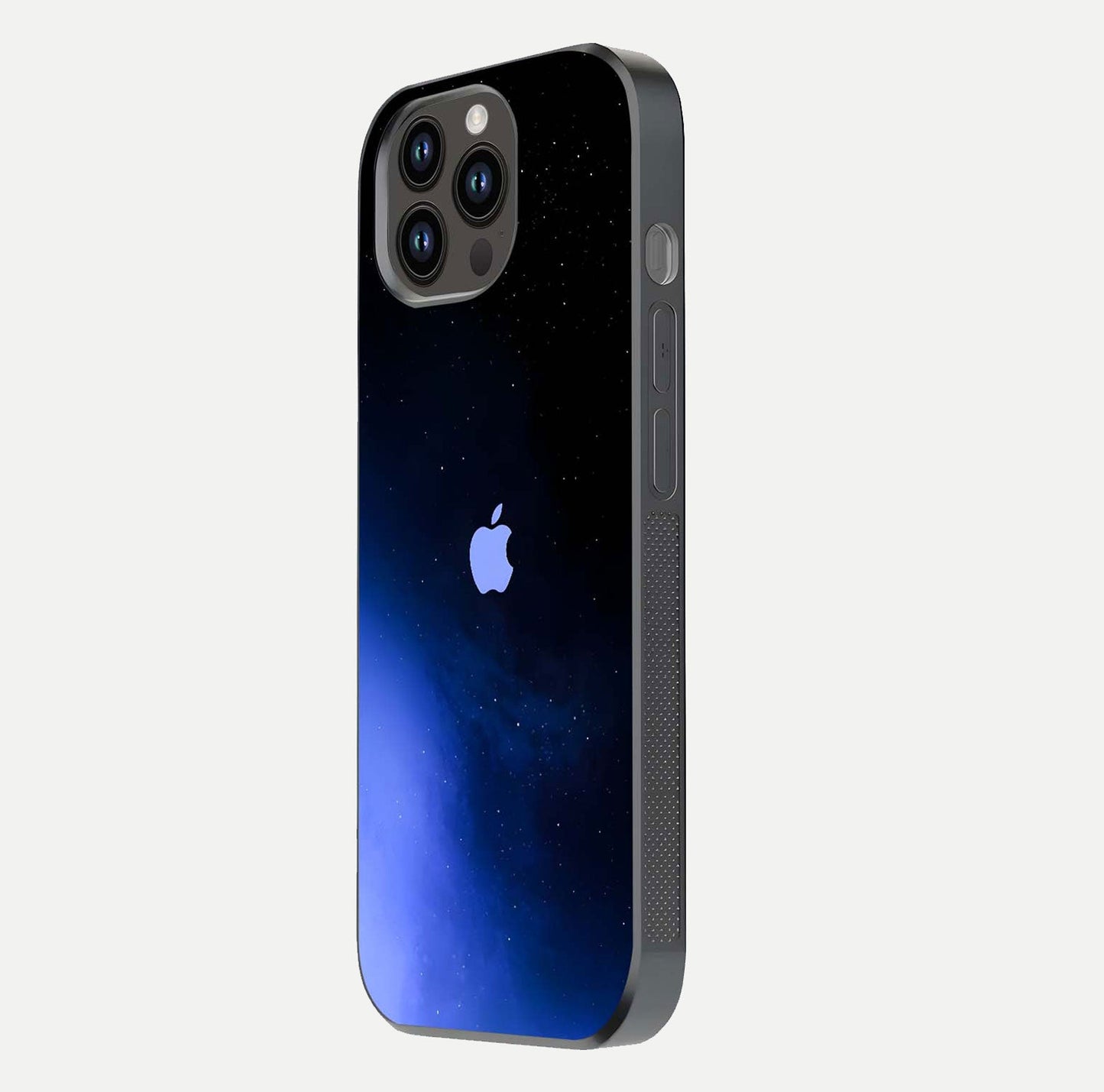 Cosmic Blue Apple Glass Case for iPhone 14 Pro Max side-angle image showing curve polish and star detail