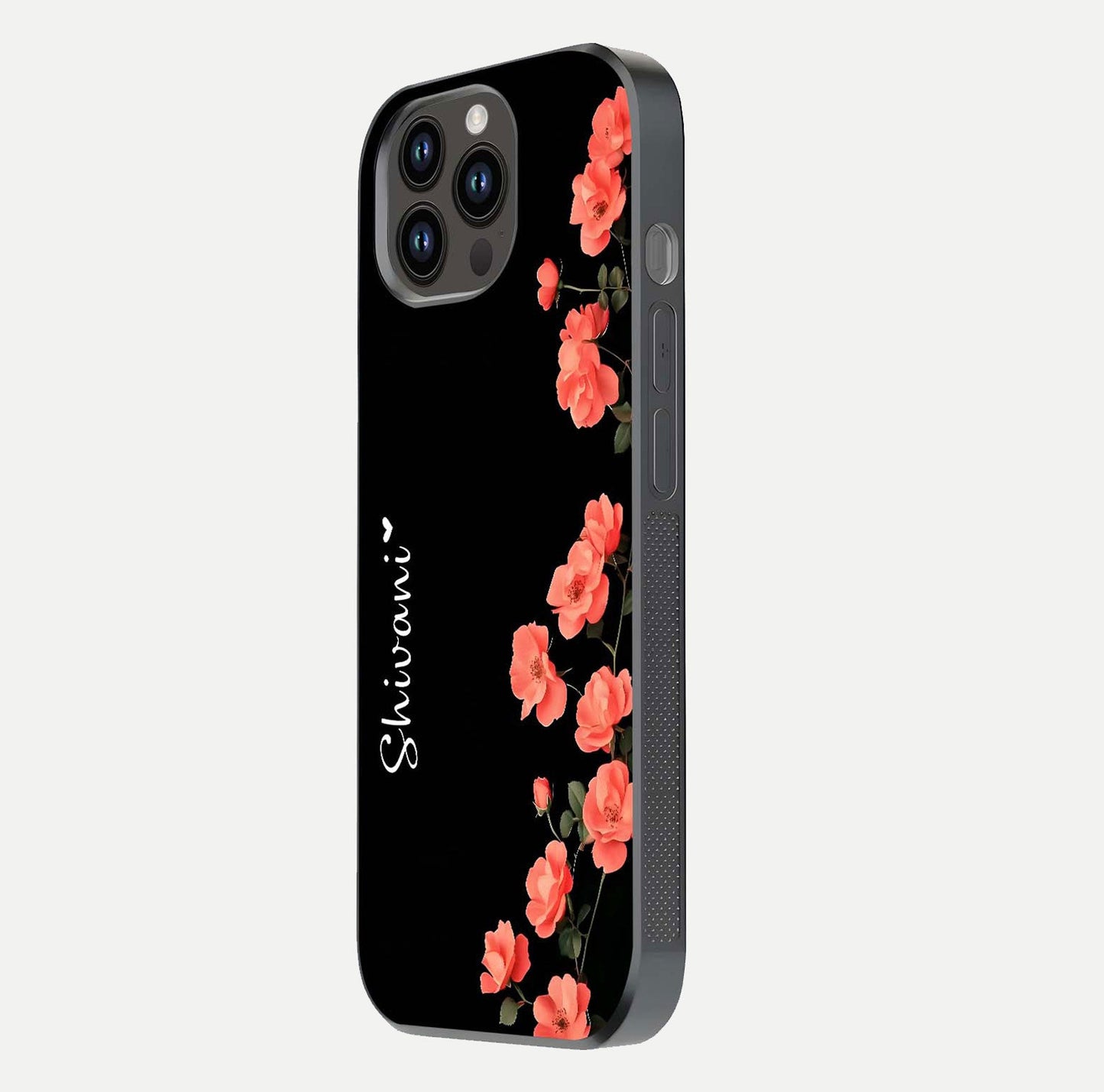 Crimson Bloom Grace Custom Name Glass Case for iPhone 14 Pro Max side-angle photo capturing edge glow and name clarity