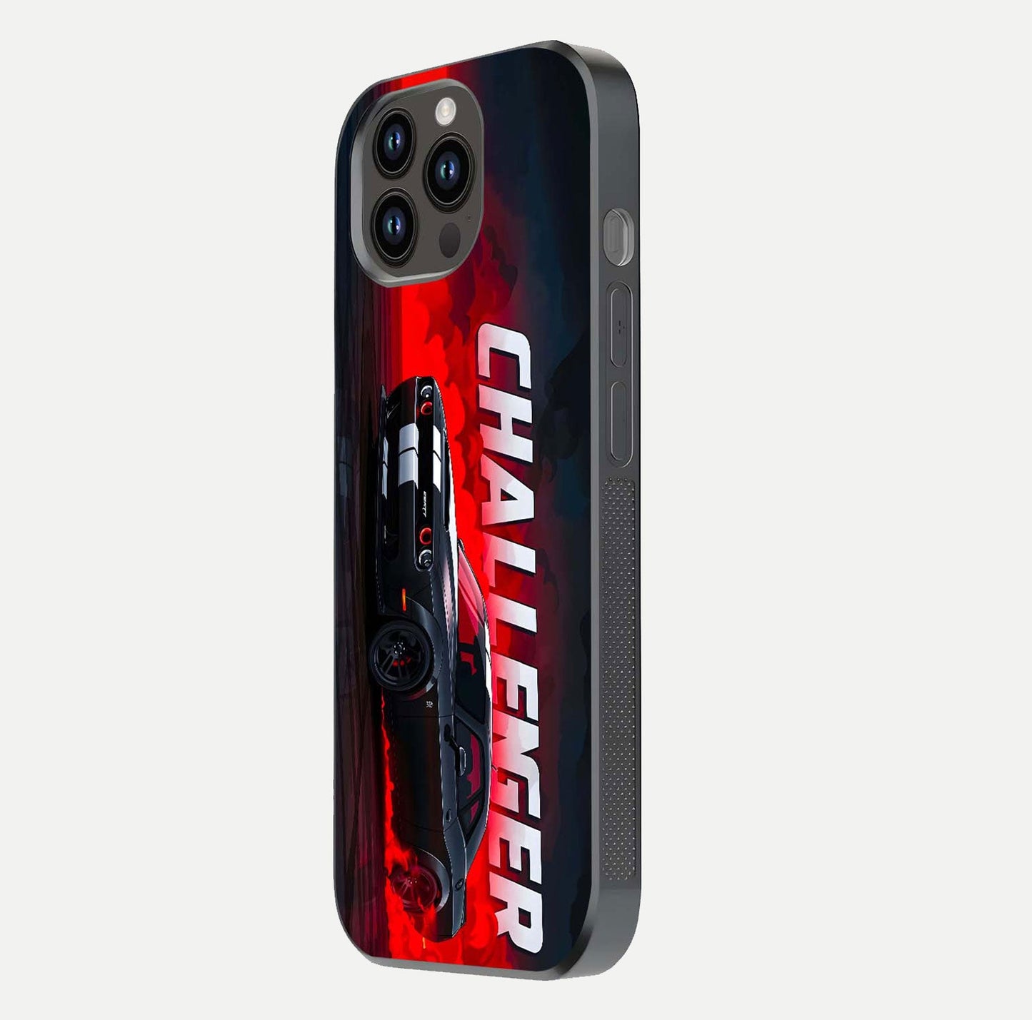 Crimson Challenger Fury Glass Case for iPhone 14 Pro Max side-angle image showing curve reflection and red finish