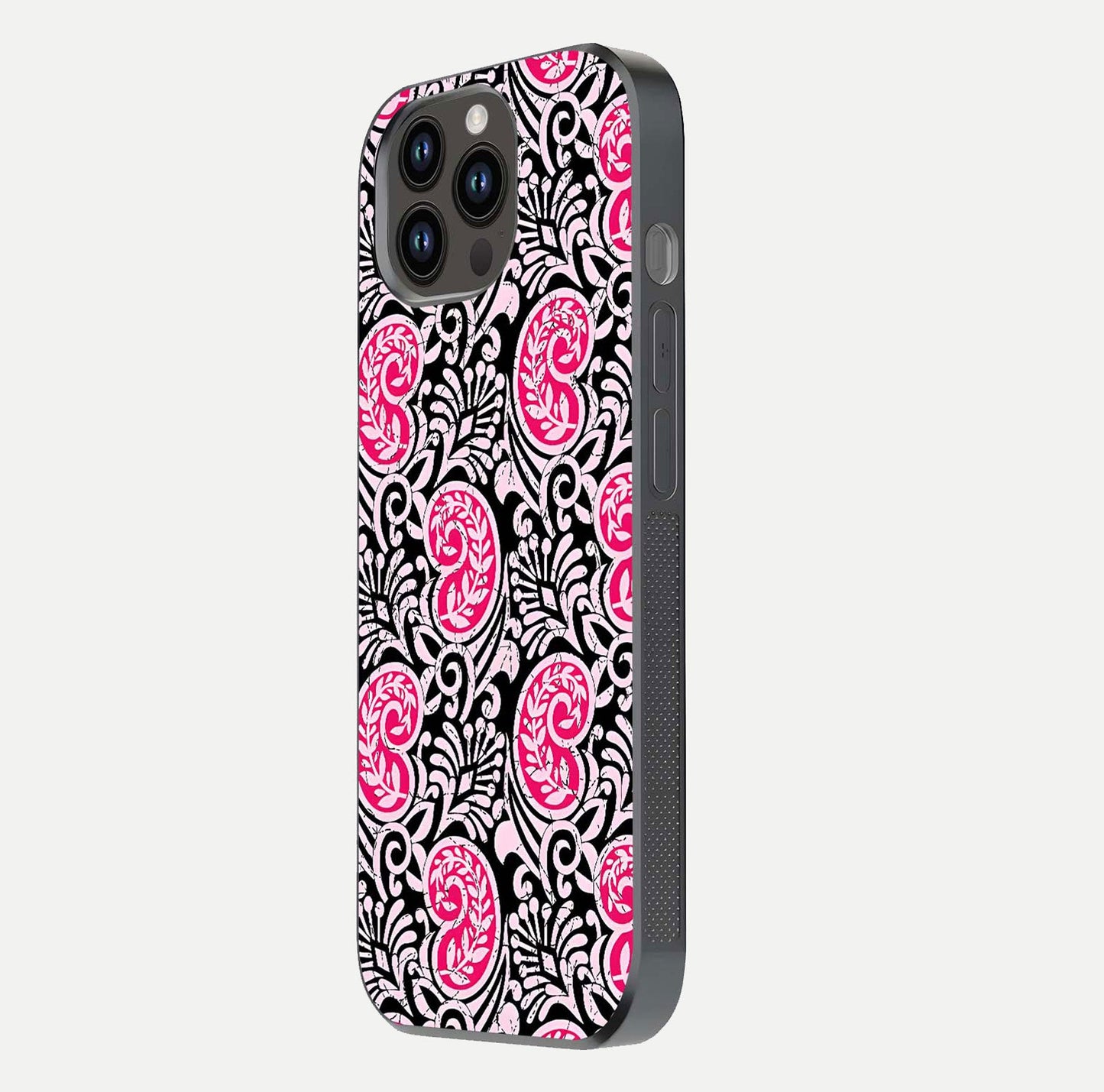 Crimson Paisley Charm Glass Case for iPhone 14 Pro Max side-angle image showing reflection and smooth edges