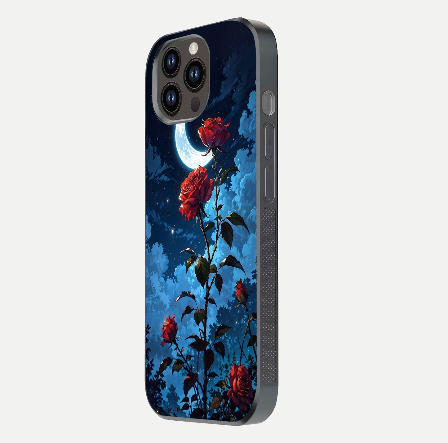 Crimson Rose Moon Glass Case for iPhone 14 Pro Max side-angle photo showing reflective texture and smooth curve