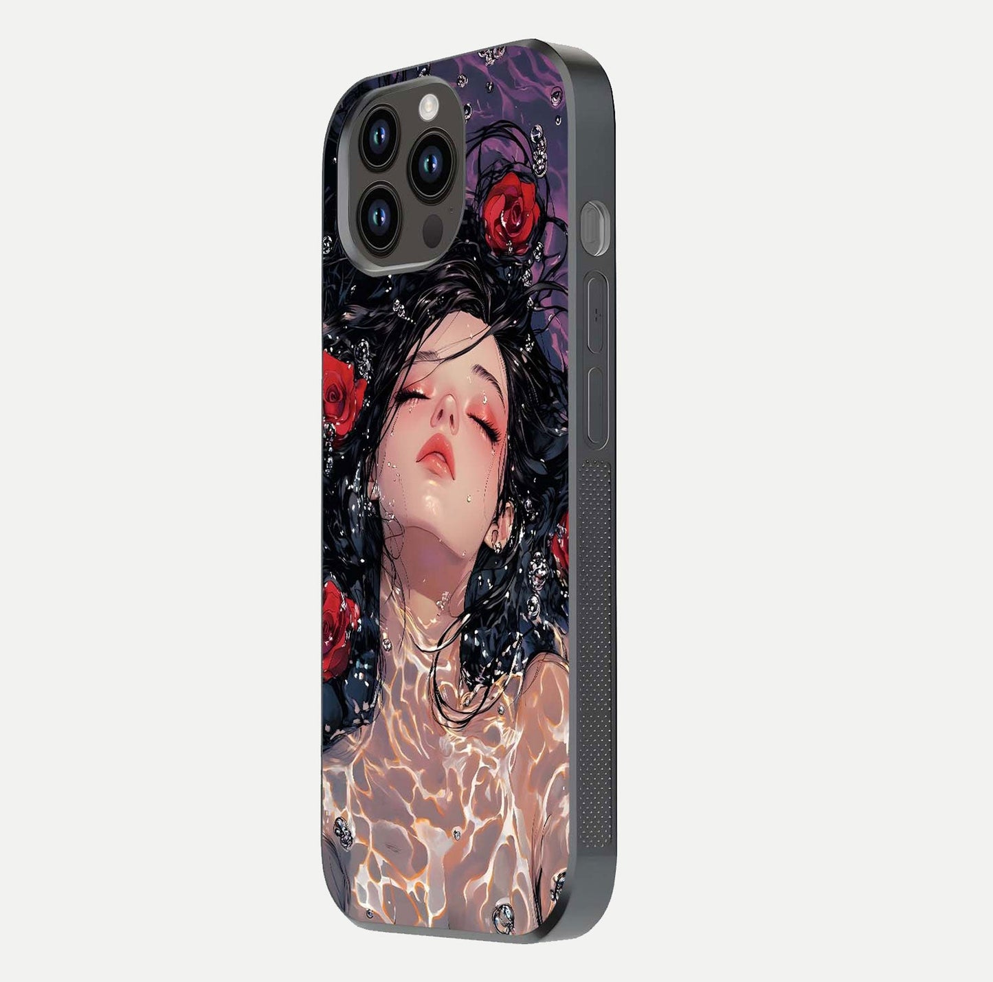 Crimson Rose Serenity Glass Case for iPhone 14 Pro Max side-angle photo showing glass reflection and soft edges
