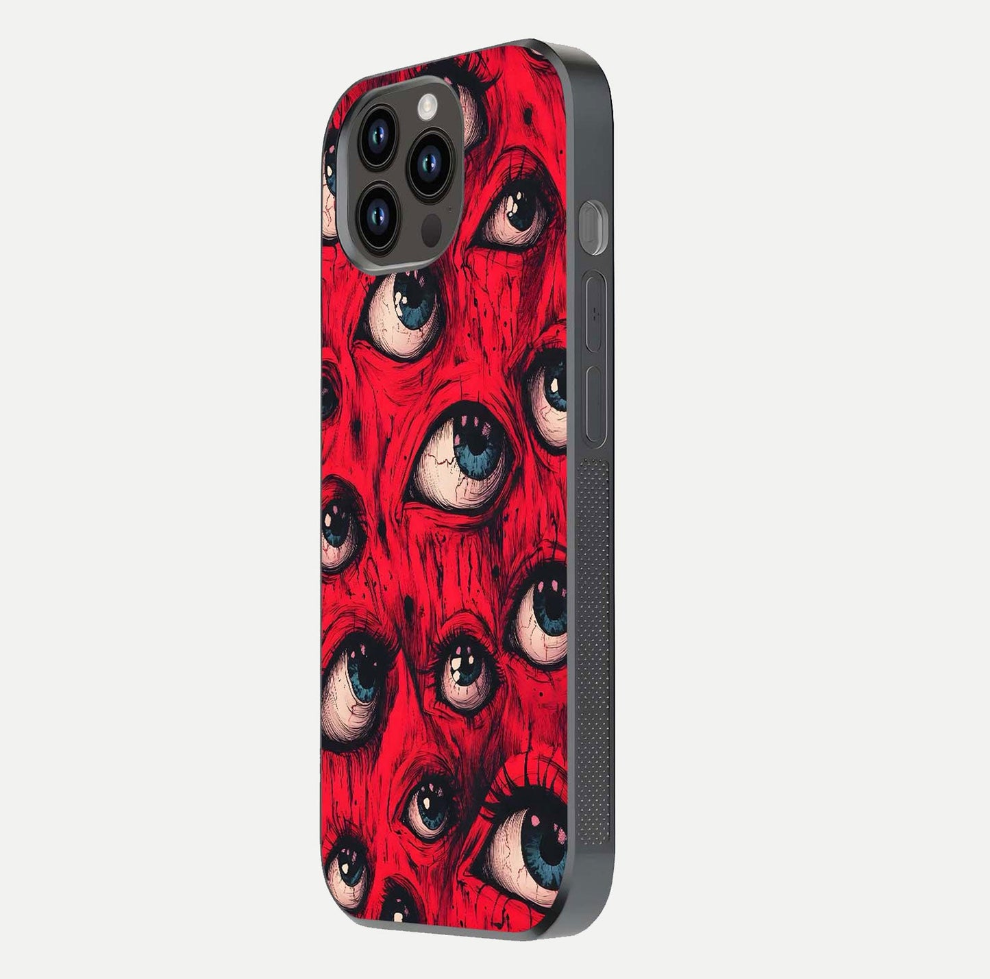 Crimson Watch Eyes Glass Case for iPhone 14 Pro Max side-angle photo showing reflection texture and shine