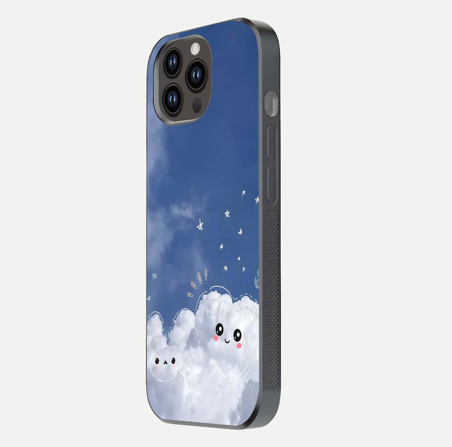 Cute Blossom Cloud Glass Case for iPhone 14 Pro Max side-angle image capturing gloss texture and curve reflection