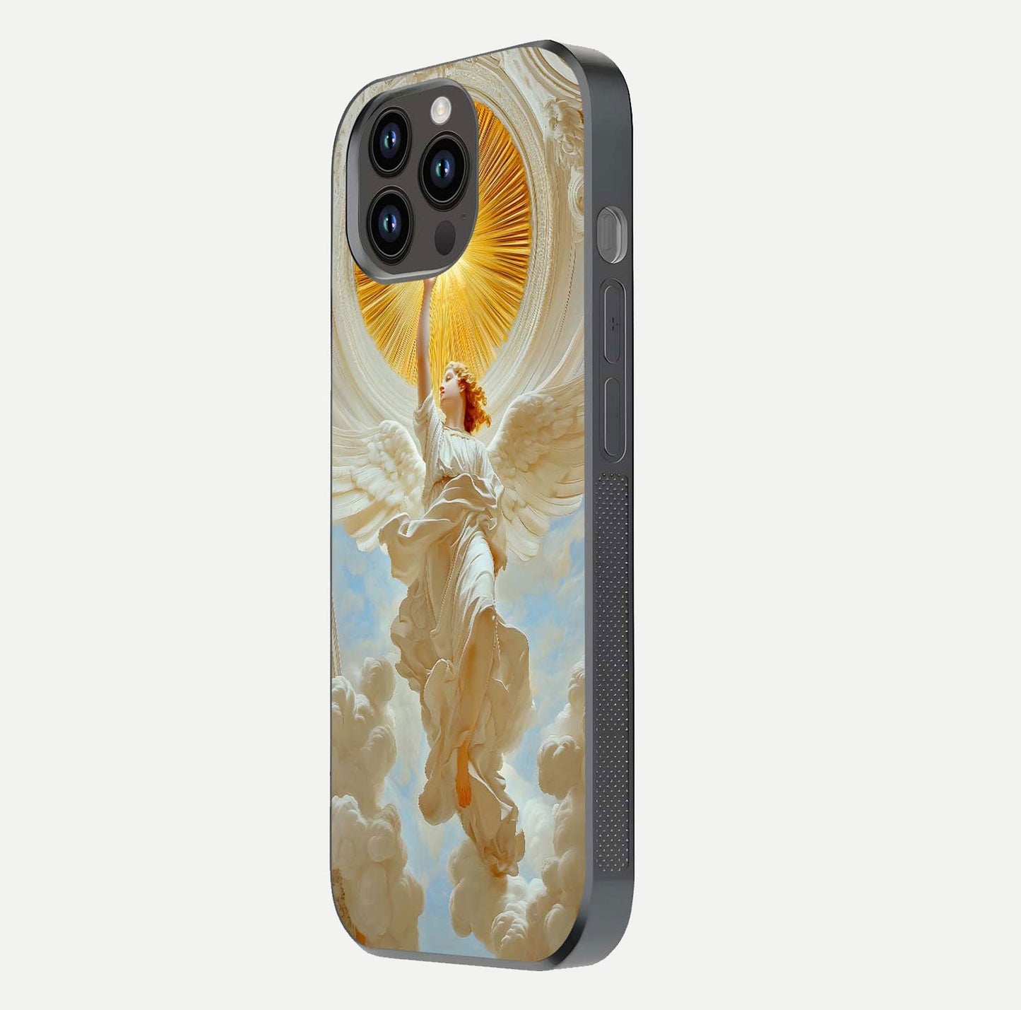 Divine Light Angel Glass Case for iPhone 14 Pro Max side-angle image capturing reflection shine and edge finish