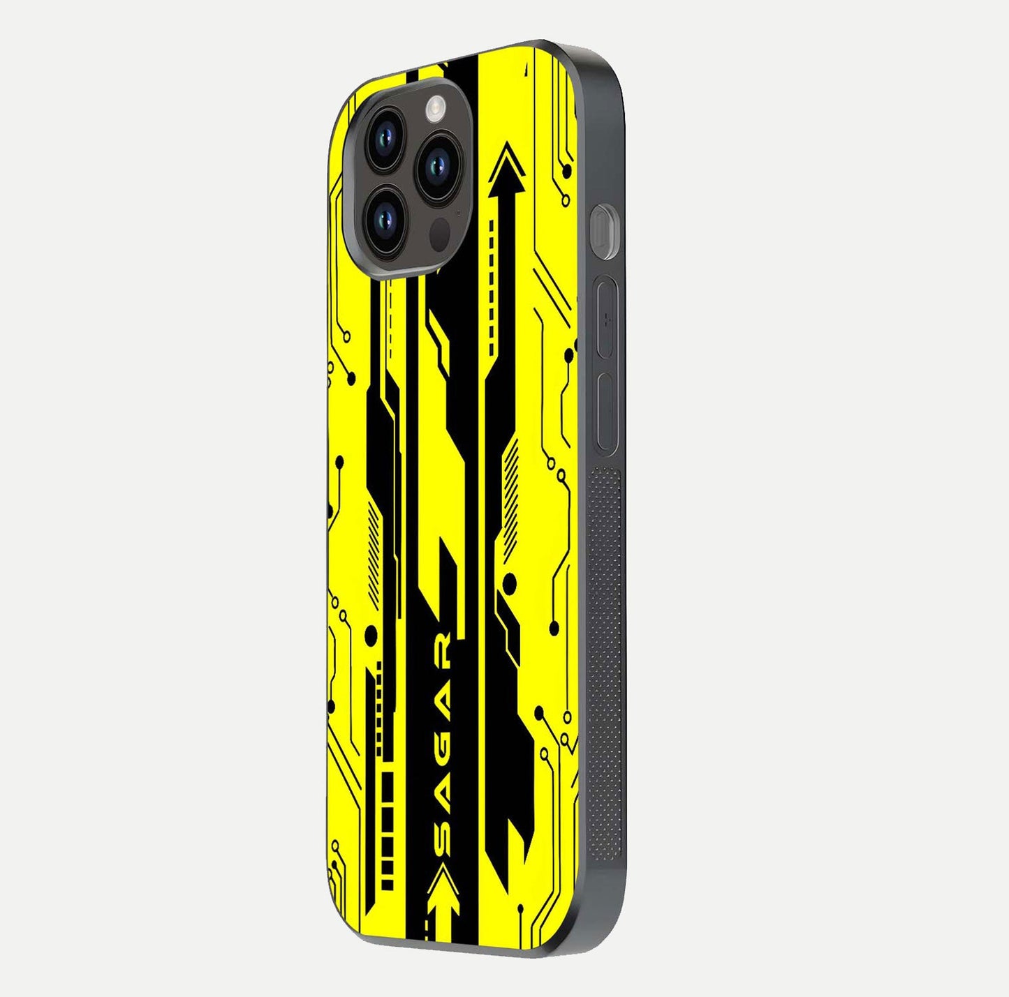 Electric Pulse CYBERPUNK Custom Name Glass Case for iPhone 14 Pro Max side-angle image showing glossy reflection and edge illumination