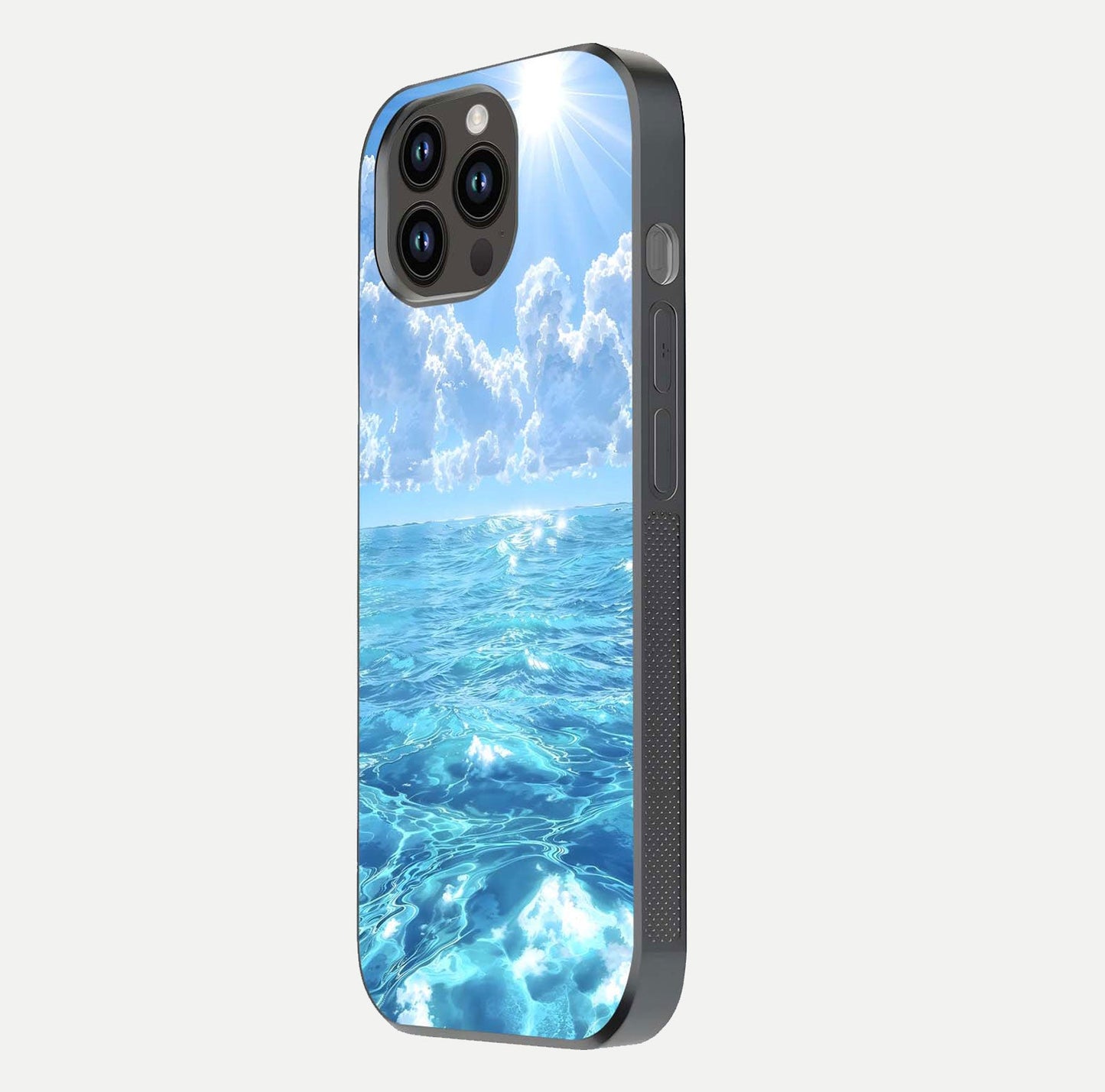 Endless Ocean Horizon Glass Case for iPhone 14 Pro Max side-angle photo showing reflection glow and wave tone