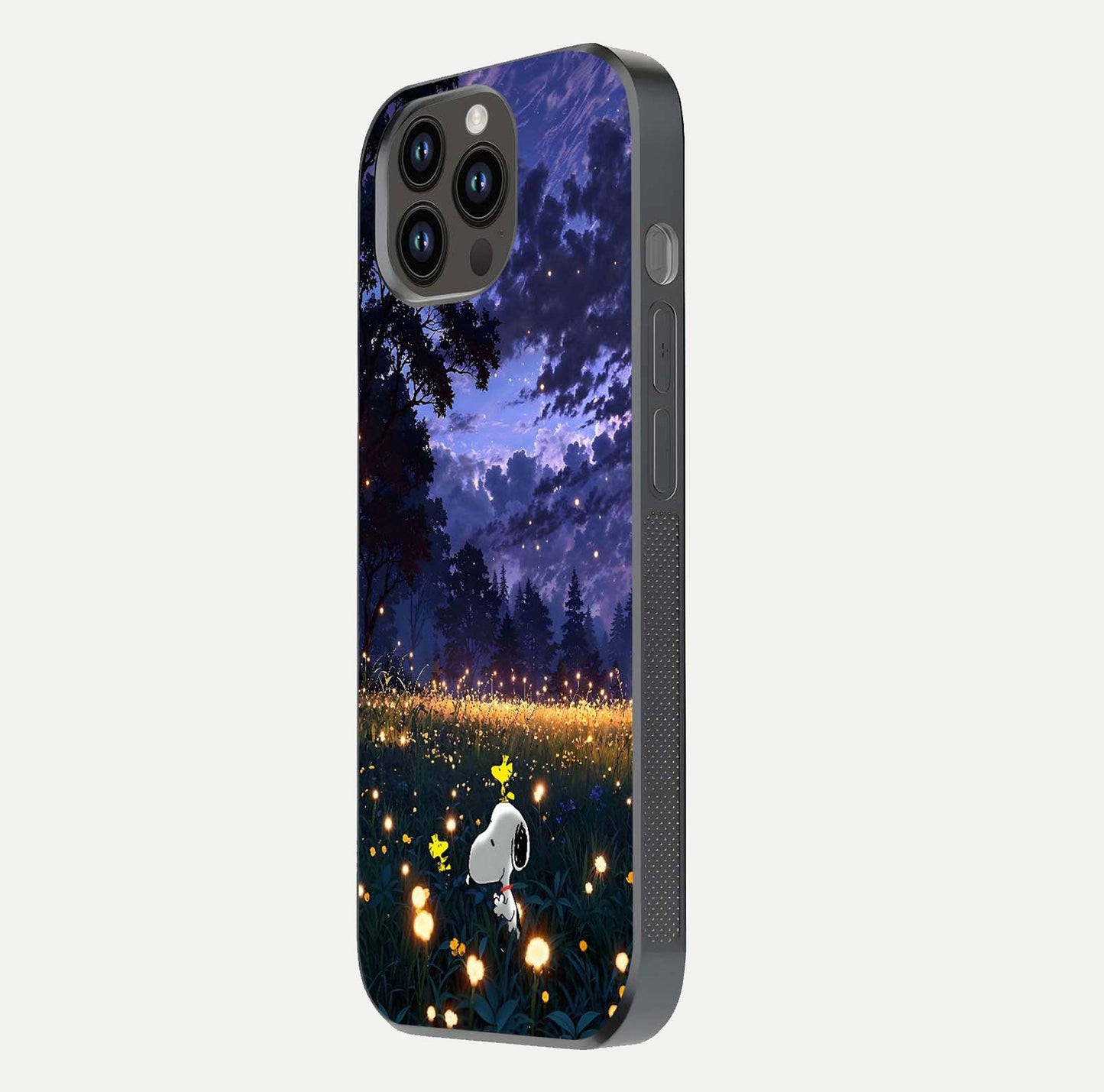 Firefly Meadow Magic Glass Case for iPhone 14 Pro Max side-angle image capturing glow reflection and fine texture