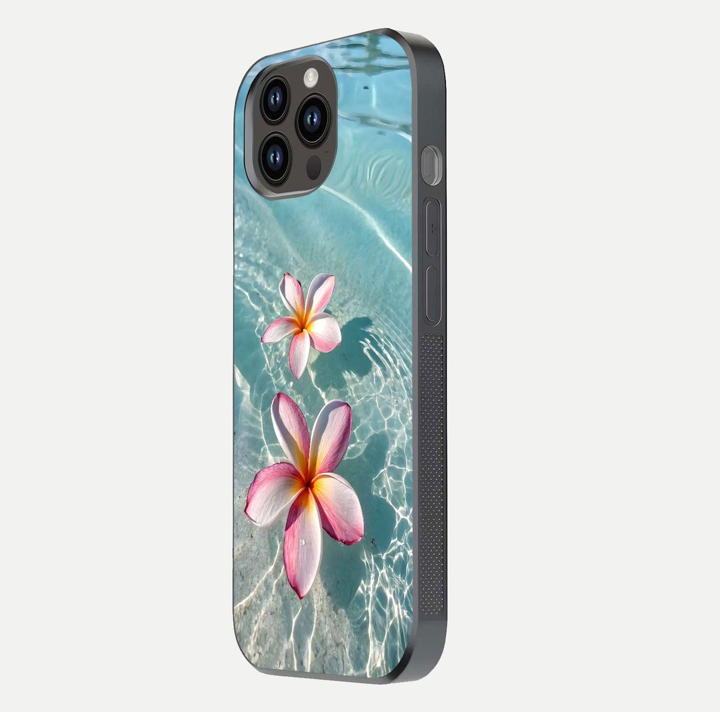 Floating Bloom Bliss Glass Case for iPhone 14 Pro Max side-angle photo showing smooth reflection and elegant curve