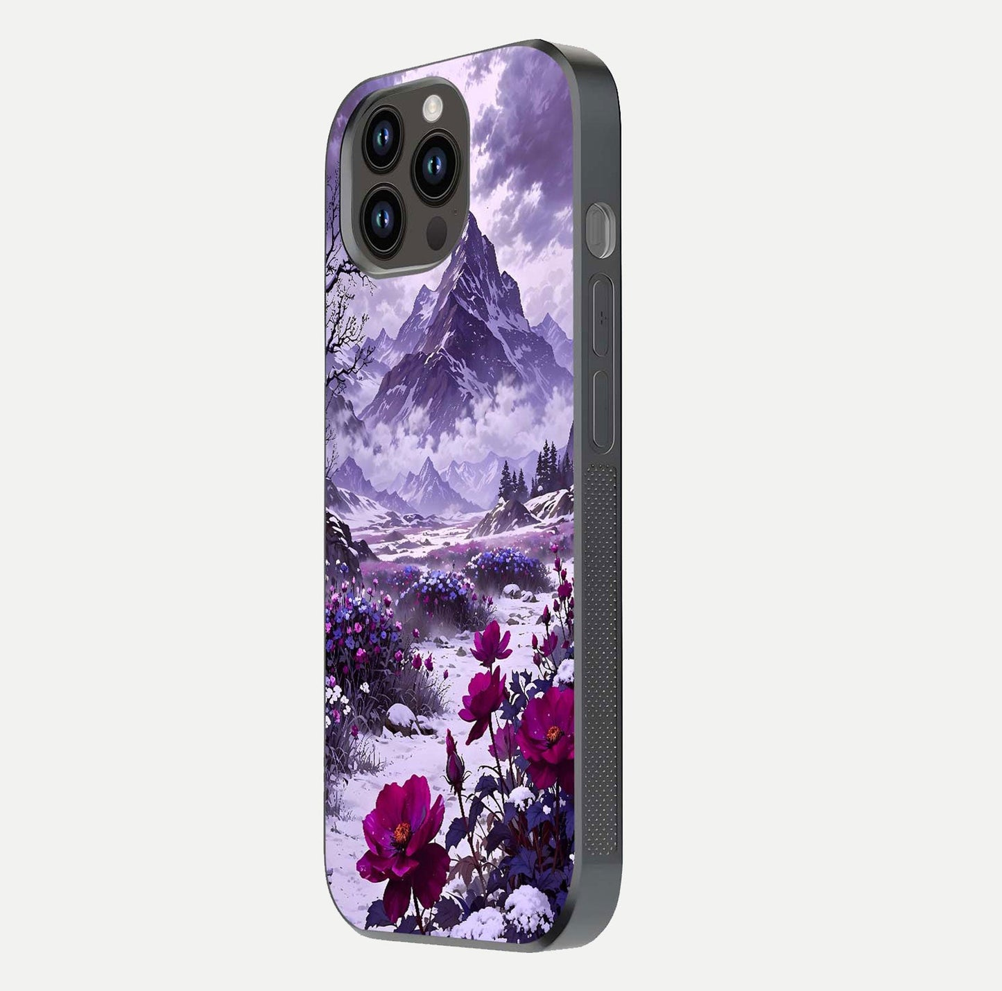 Flower Mountain View Glass Case for iPhone 14 Pro Max side-angle image showing gloss polish and smooth edge