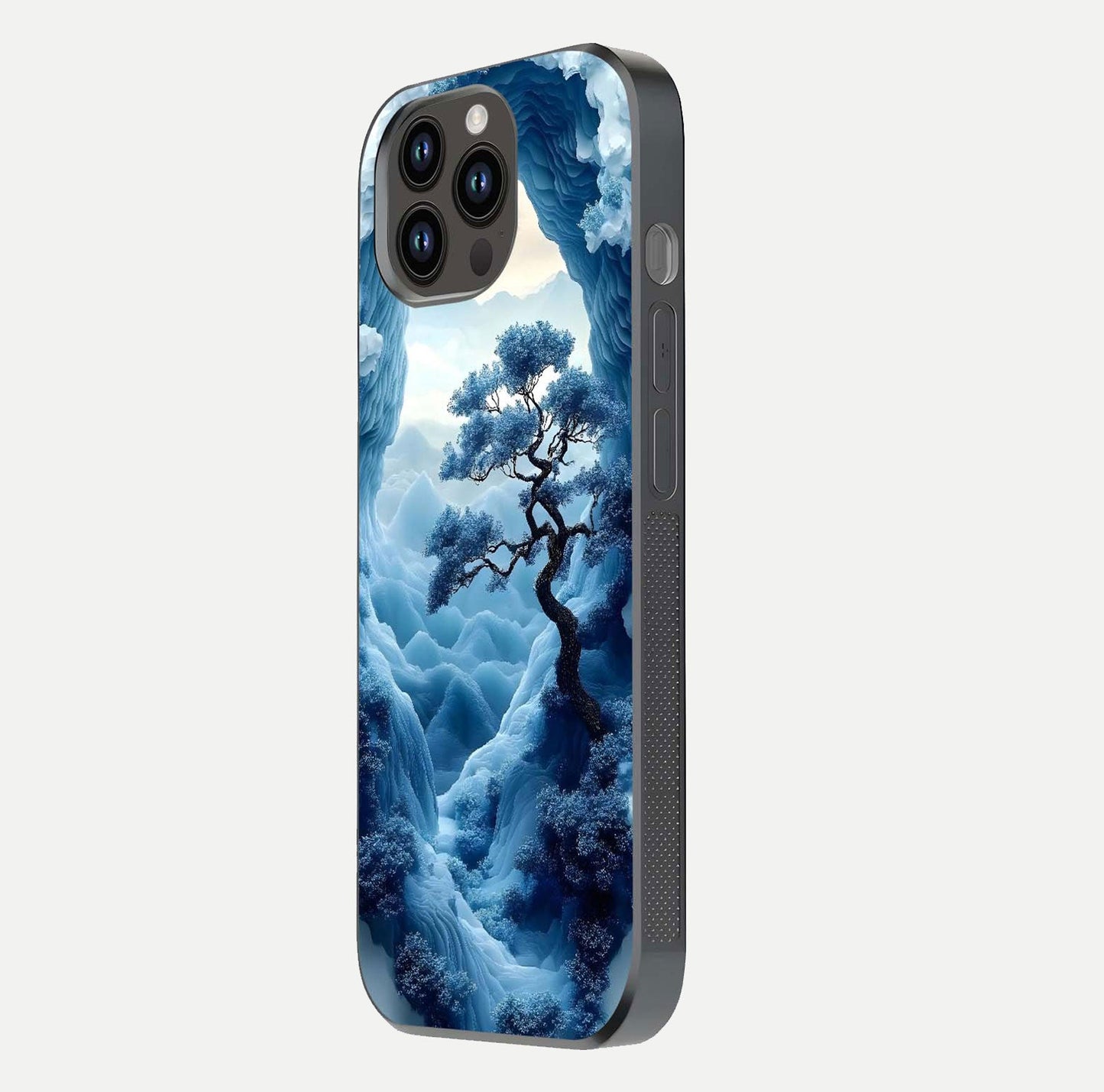 Frozen Serenity Gate Glass Case for iPhone 14 Pro Max side-angle photo showing reflective surface and cold tones