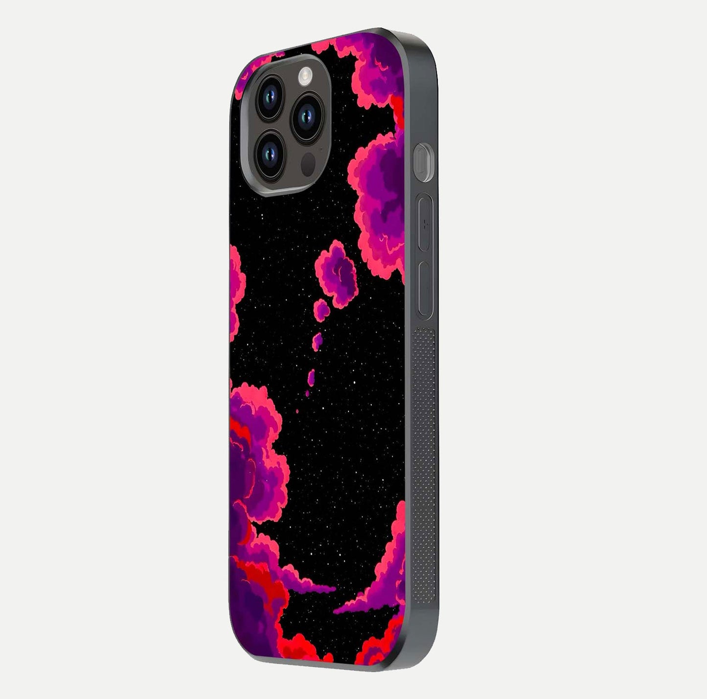 Galaxy Dream Frame Glass Case for iPhone 14 Pro Max side-angle image showing reflection light and premium finish