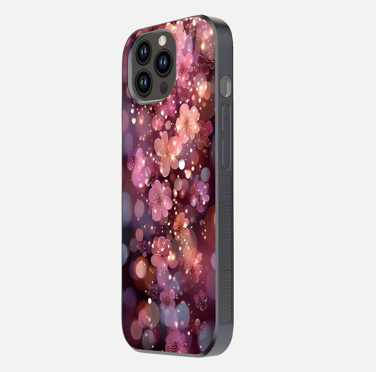 Glowing Petal Bliss Glass Case for iPhone 14 Pro Max side-angle image showing light reflection and soft floral texture