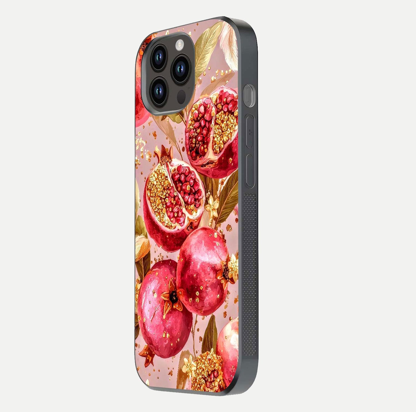 Golden Bloom Glow Glass Case for iPhone 14 Pro Max side-angle image showing light reflection, gloss texture, and rich tone