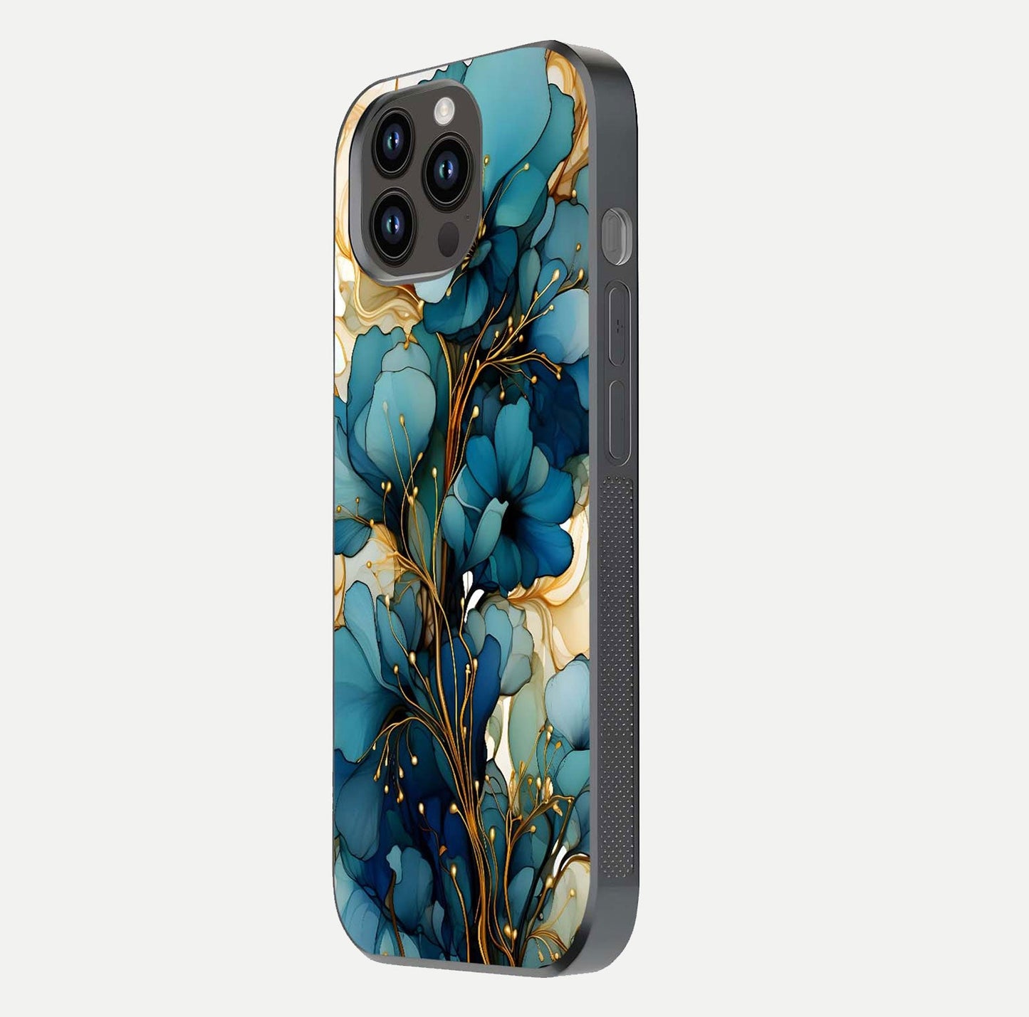 Golden Bloom Symphony Glass Case for iPhone 14 Pro Max side-angle image showing golden glow, light reflection, and premium surface