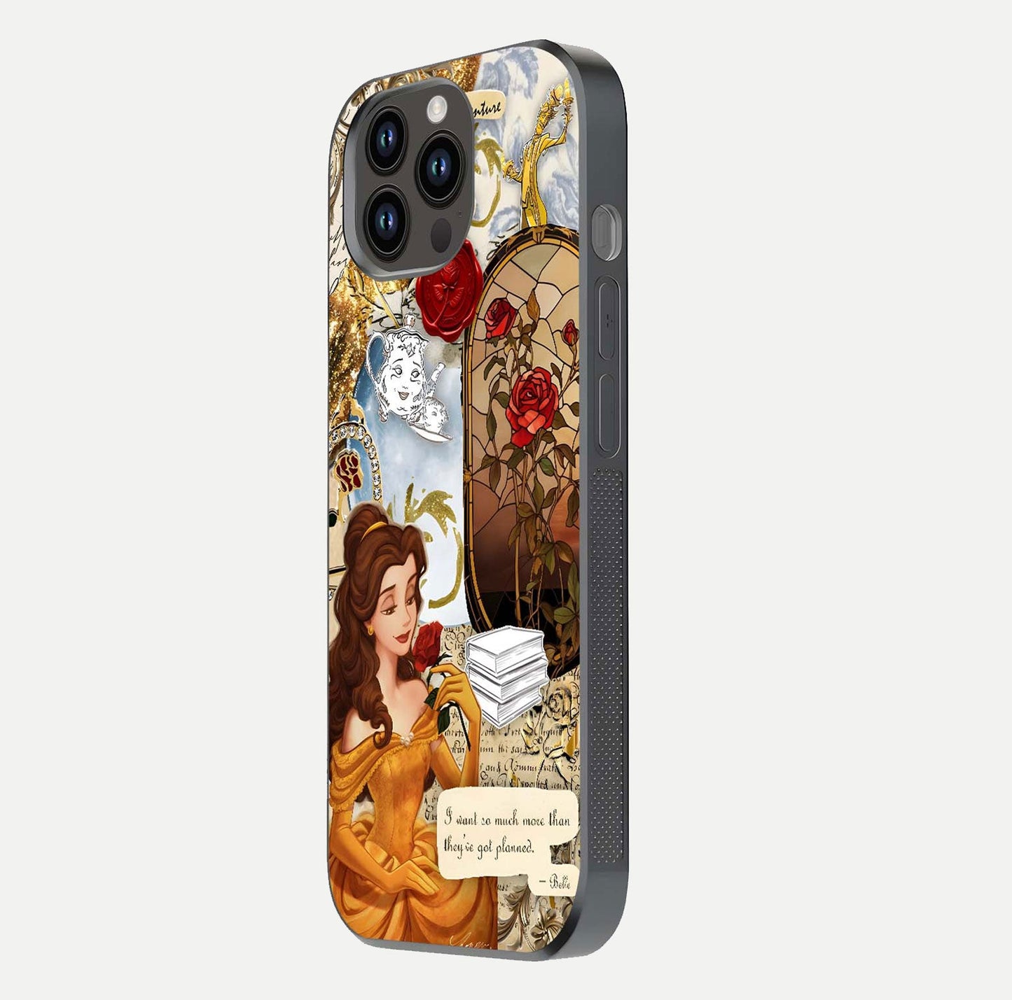 Golden Dream Belle Glass Case for iPhone 14 Pro Max side-angle image showing reflective edges and premium golden tint
