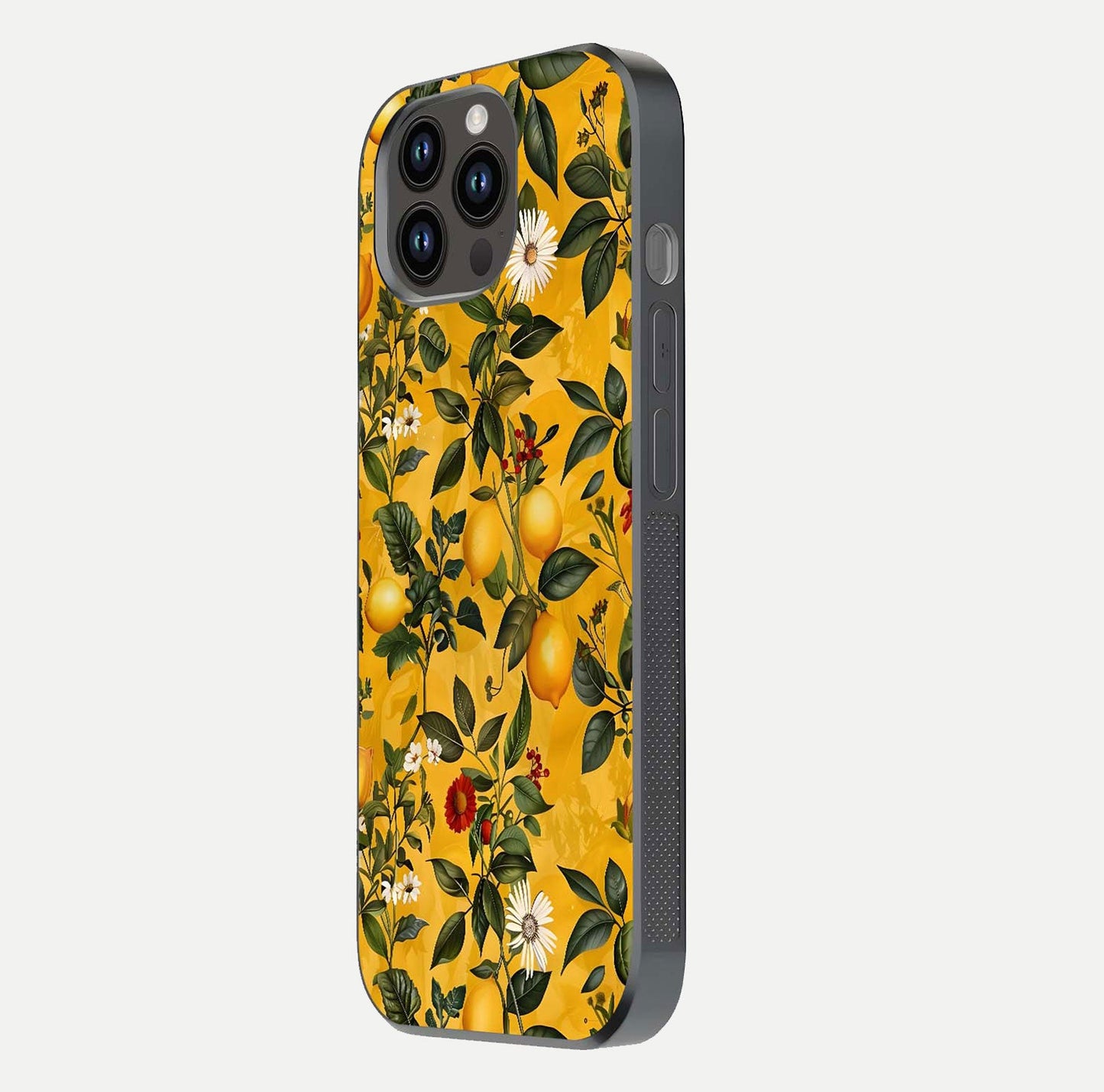 Golden Lemon Field Glass Case for iPhone 14 Pro Max side-angle image showing reflection clarity and juicy color tone
